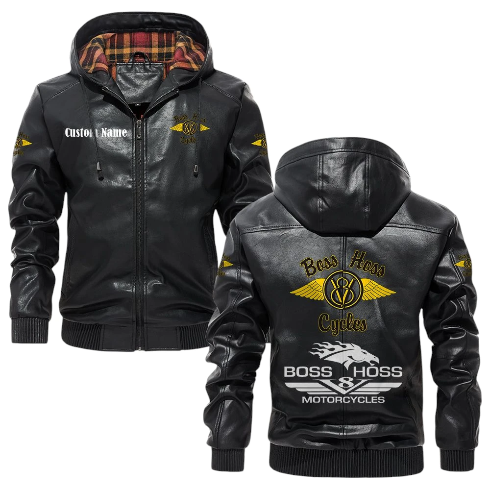 Boss Hoss Cycles Exclusive Logo Hooded Jacket PU Leather x Durable Windproof Warm Soft Checkered Lining, Custom Name HG280325Y47JHLCT1BHC Boss Hoss Cycles Exclusive Logo Hooded Jacket PU Leather x Durable Windproof Warm Soft Checkered Lining, Custom Name HG280325Y47JHLCT1BHC