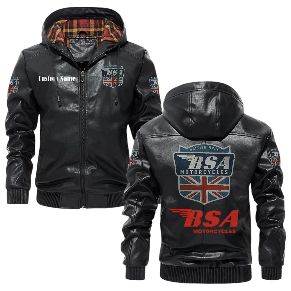 BSA Motorcycles Exclusive Logo Hooded Jacket PU Leather x Durable Windproof Warm Soft Checkered Lining, Custom Name HG280325Y47JHLCT1BSA BSA Motorcycles Exclusive Logo Hooded Jacket PU Leather x Durable Windproof Warm Soft Checkered Lining, Custom Name HG280325Y47JHLCT1BSA