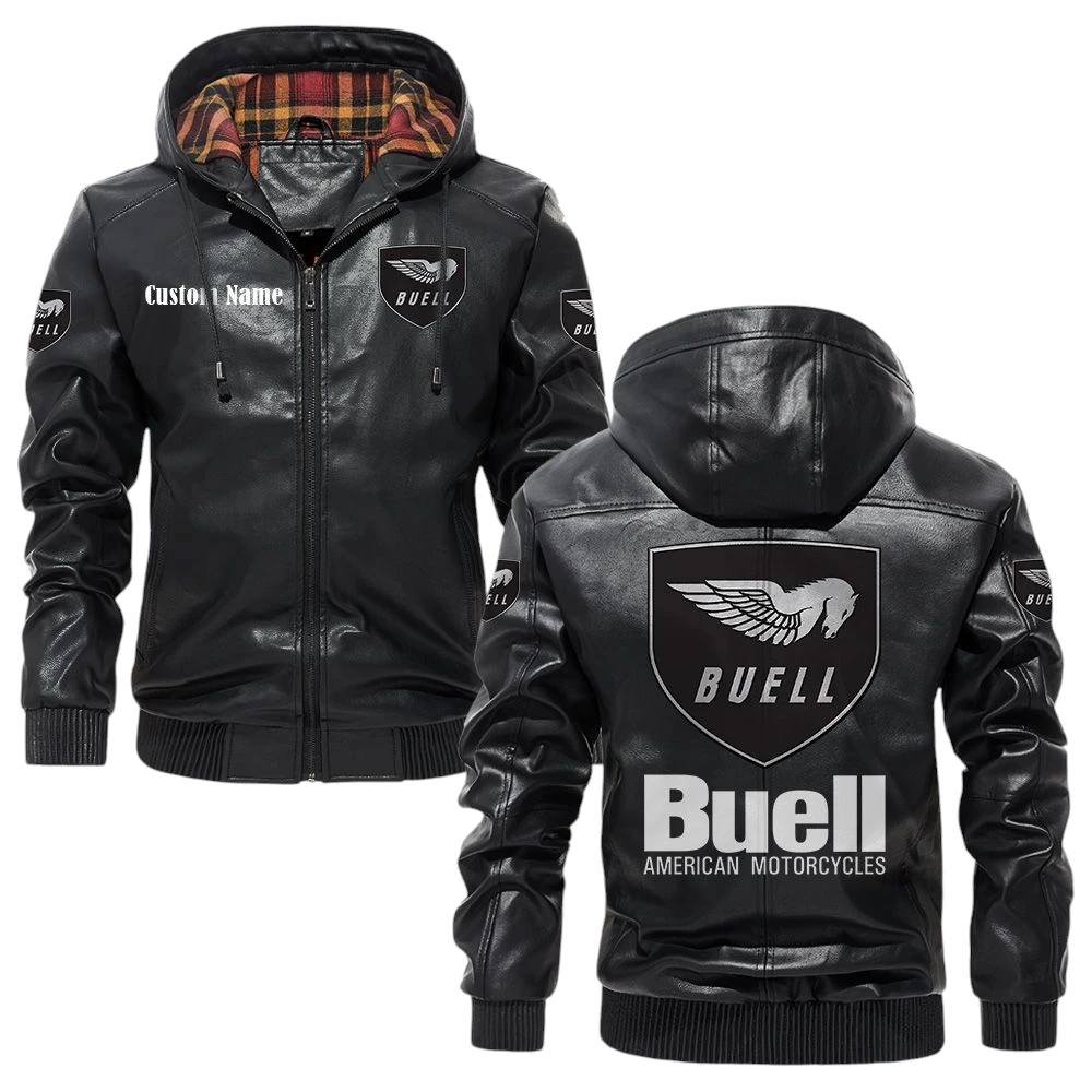 Buell Motorcycles Exclusive Logo Hooded Jacket PU Leather x Durable Windproof Warm Soft Checkered Lining, Custom Name HG280325Y47JHLCT1BUM Buell Motorcycles Exclusive Logo Hooded Jacket PU Leather x Durable Windproof Warm Soft Checkered Lining, Custom Name HG280325Y47JHLCT1BUM