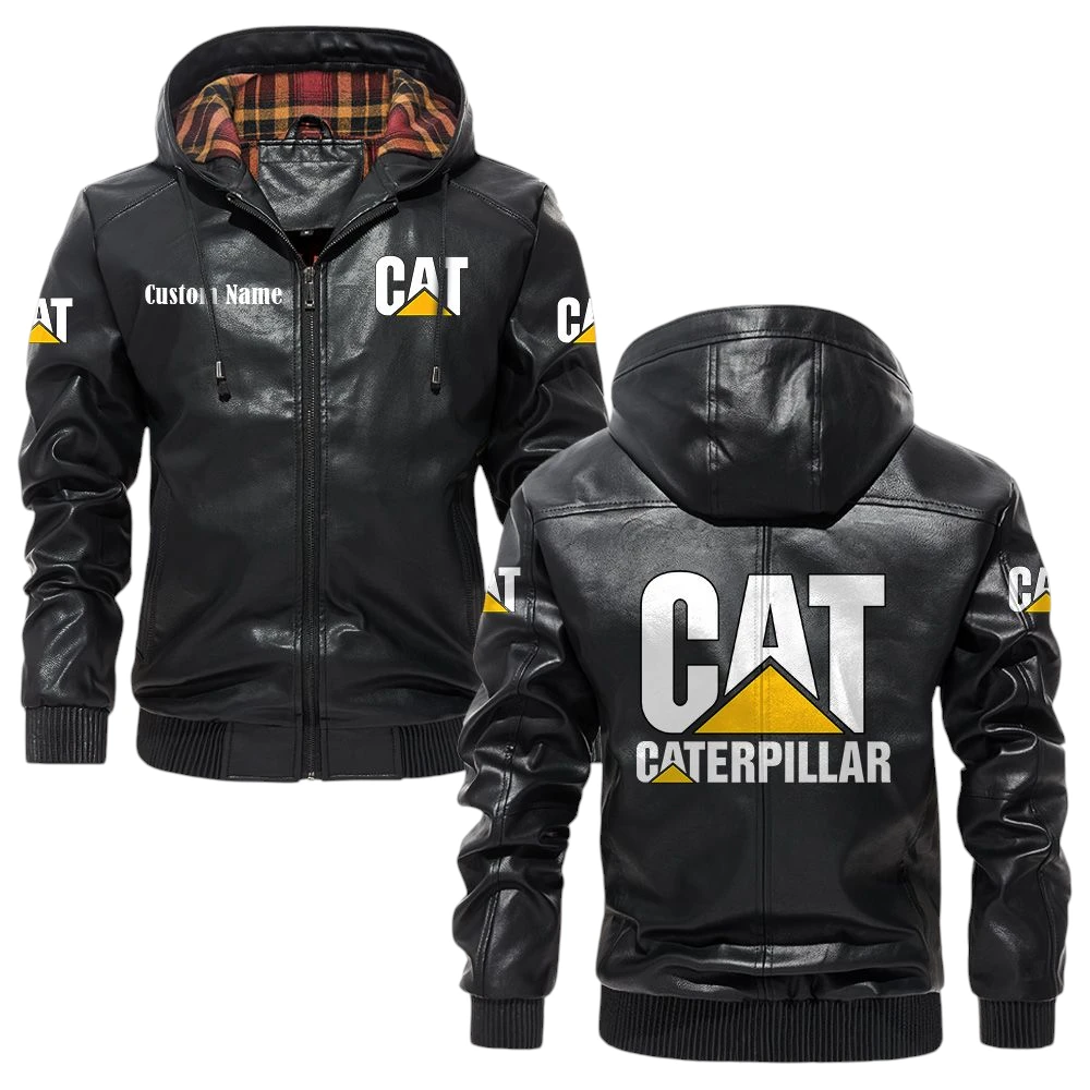 Caterpillar Exclusive Logo Hooded Jacket PU Leather x Durable Windproof Warm Soft Checkered Lining, Custom Name HG280325Y47JHLCT1CAT Caterpillar Exclusive Logo Hooded Jacket PU Leather x Durable Windproof Warm Soft Checkered Lining, Custom Name HG280325Y47JHLCT1CAT