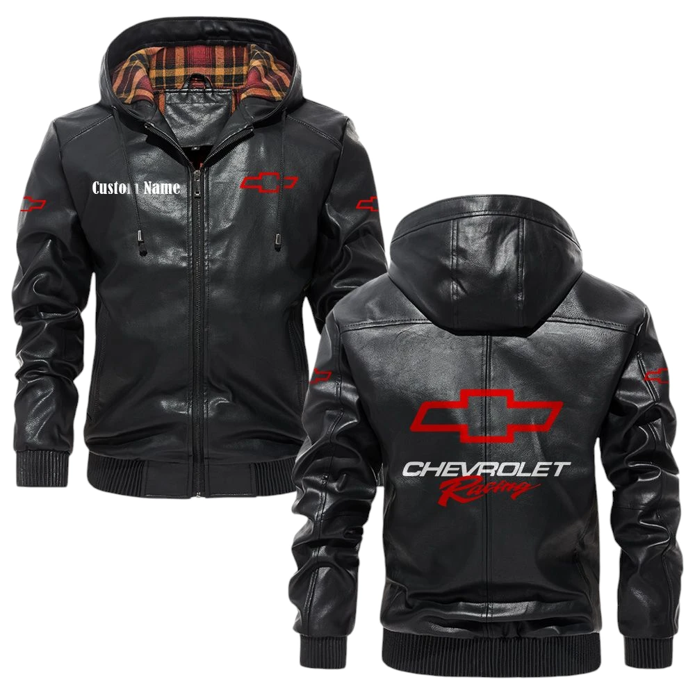 Chevy Racing Exclusive Logo Hooded Jacket PU Leather x Durable Windproof Warm Soft Checkered Lining, Custom Name HG280325Y47JHLCT1CHR Chevy Racing Exclusive Logo Hooded Jacket PU Leather x Durable Windproof Warm Soft Checkered Lining, Custom Name HG280325Y47JHLCT1CHR