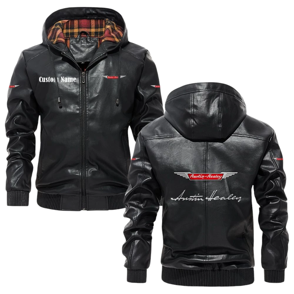 Austin Healey Exclusive Logo Hooded Jacket PU Leather x Durable Windproof Warm Soft Checkered Lining, Custom Name HG280325Y47JHLCT2AUS Austin Healey Exclusive Logo Hooded Jacket PU Leather x Durable Windproof Warm Soft Checkered Lining, Custom Name HG280325Y47JHLCT2AUS