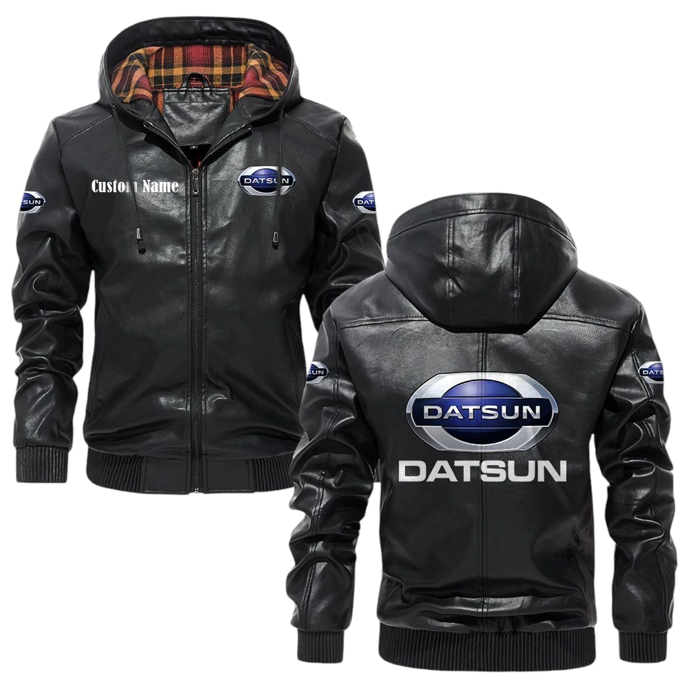 Datsun Exclusive Logo Hooded Jacket PU Leather x Durable Windproof Warm Soft Checkered Lining, Custom Name HG290325Y47JHLCT1DAT Datsun Exclusive Logo Hooded Jacket PU Leather x Durable Windproof Warm Soft Checkered Lining, Custom Name HG290325Y47JHLCT1DAT