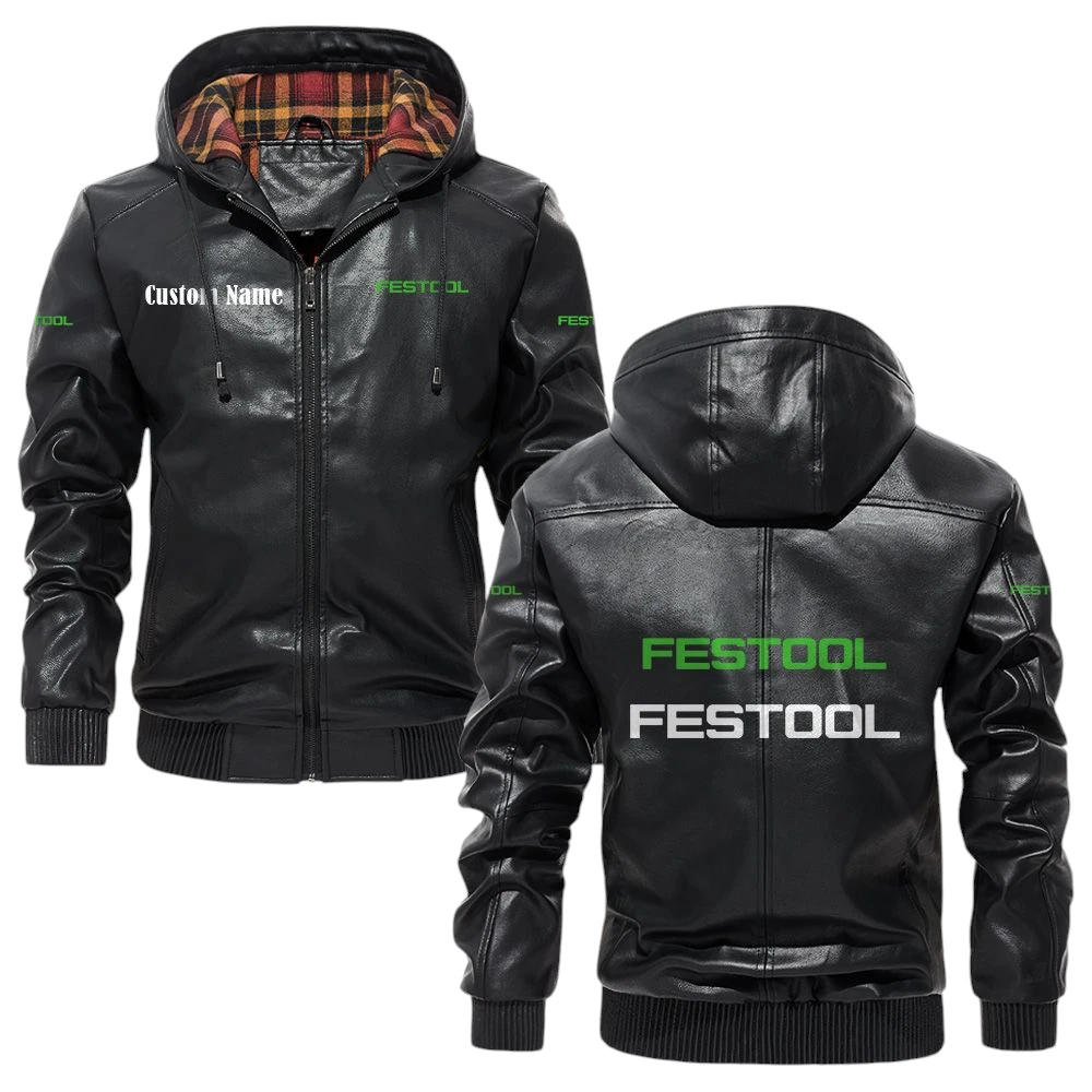 Festool Exclusive Logo Hooded Jacket PU Leather x Durable Windproof Warm Soft Checkered Lining, Custom Name HG290325Y47JHLCT1FES Festool Exclusive Logo Hooded Jacket PU Leather x Durable Windproof Warm Soft Checkered Lining, Custom Name HG290325Y47JHLCT1FES