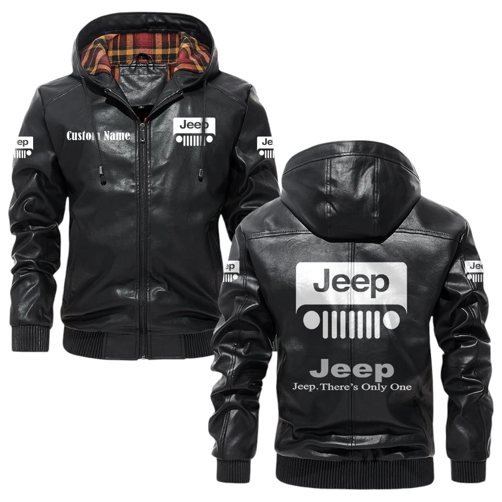 Jeep Exclusive Logo Hooded Jacket PU Leather x Durable Windproof Warm Soft Checkered Lining, Custom Name HG010425Y47JHLCT1JEE Jeep Exclusive Logo Hooded Jacket PU Leather x Durable Windproof Warm Soft Checkered Lining, Custom Name HG010425Y47JHLCT1JEE