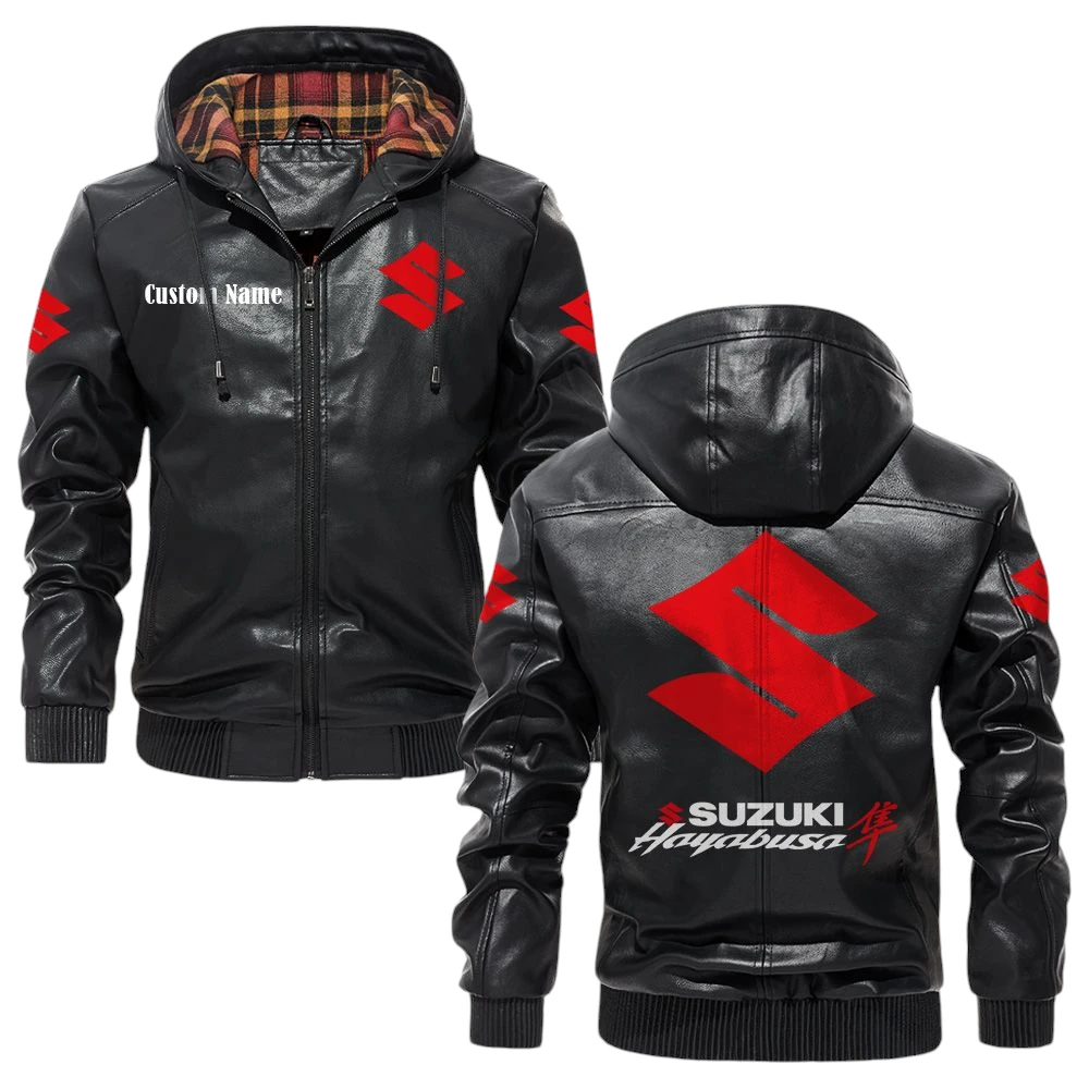 Suzuki Hayabusa Exclusive Logo Hooded Jacket PU Leather x Durable Windproof Warm Soft Checkered Lining, Custom Name HG030425Y47JHLCT1SUZ Suzuki Hayabusa Exclusive Logo Hooded Jacket PU Leather x Durable Windproof Warm Soft Checkered Lining, Custom Name HG030425Y47JHLCT1SUZ