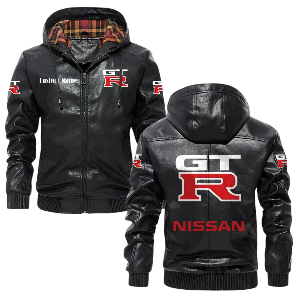 Nissan GTR Exclusive Logo Hooded Jacket PU Leather x Durable Windproof Warm Soft Checkered Lining, Custom Name HG030425Y47JHLCT5NIS Nissan GTR Exclusive Logo Hooded Jacket PU Leather x Durable Windproof Warm Soft Checkered Lining, Custom Name HG030425Y47JHLCT5NIS