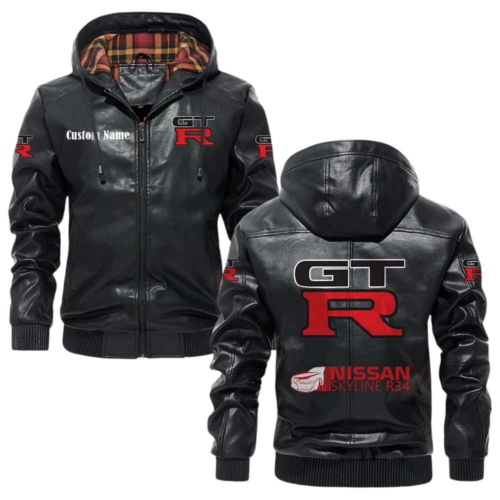 Nissan R34 Exclusive Logo Hooded Jacket PU Leather x Durable Windproof Warm Soft Checkered Lining, Custom Name HG030425Y47JHLCT8NIS Nissan R34 Exclusive Logo Hooded Jacket PU Leather x Durable Windproof Warm Soft Checkered Lining, Custom Name HG030425Y47JHLCT8NIS