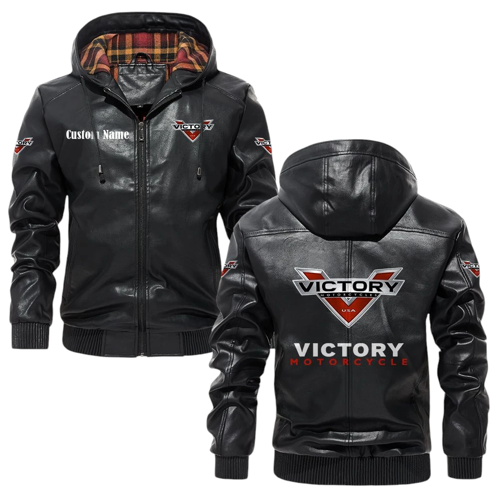 Victory Motorcycles Exclusive Logo Hooded Jacket PU Leather x Durable Windproof Warm Soft Checkered Lining, Custom Name HG040425Y47JHLCT1VIM Victory Motorcycles Exclusive Logo Hooded Jacket PU Leather x Durable Windproof Warm Soft Checkered Lining, Custom Name HG040425Y47JHLCT1VIM