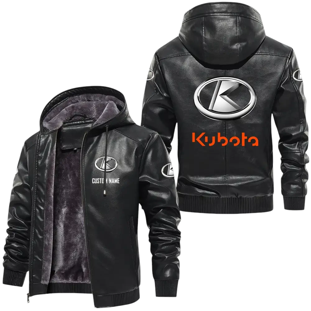 Kubota PU Leather Hooded Jacket, Mens Durable Windproof Keep Warm Soft Velvet Lined Jacket, Custom Name HG040325Y24LJH1KUB Kubota PU Leather Hooded Jacket, Mens Durable Windproof Keep Warm Soft Velvet Lined Jacket, Custom Name HG040325Y24LJH1KUB