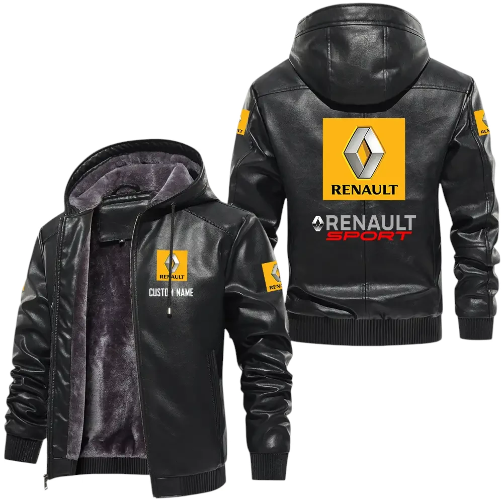 Renault PU Leather Hooded Jacket, Mens Durable Windproof Keep Warm Soft Velvet Lined Jacket, Custom Name HG050325Y24LJH1REN Renault PU Leather Hooded Jacket, Mens Durable Windproof Keep Warm Soft Velvet Lined Jacket, Custom Name HG050325Y24LJH1REN