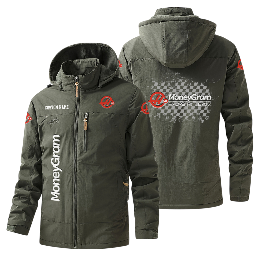 MoneyGram Haas F1 Team Racing Windbreaker Jacket Hooded Warm Lining Waterproof Custom Name MoneyGram Haas F1 Team Racing Windbreaker Jacket Hooded Warm Lining Waterproof Custom Name