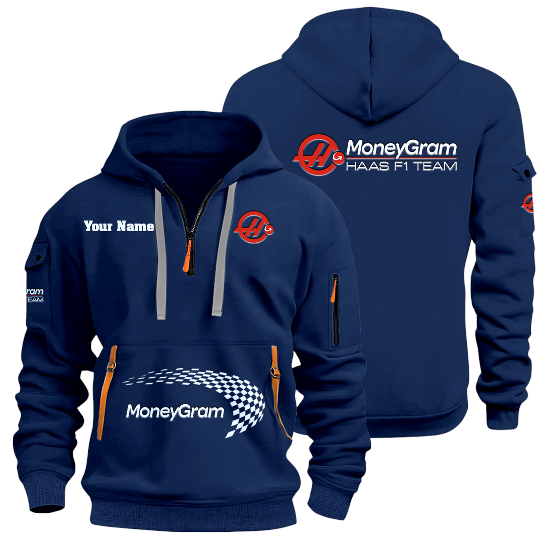 MoneyGram Haas F1 Team Racing Half Zip Hoodie Sports Hooded Multi-Pockets Custom Name MoneyGram Haas F1 Team Racing Half Zip Hoodie Sports Hooded Multi-Pockets Custom Name
