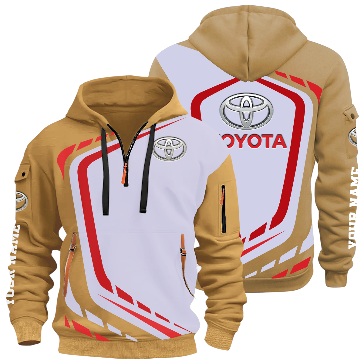 Toyota Half Zip Hoodie All Over Prints Multi-Pockets Custom Name Toyota Half Zip Hoodie All Over Prints Multi-Pockets Custom Name
