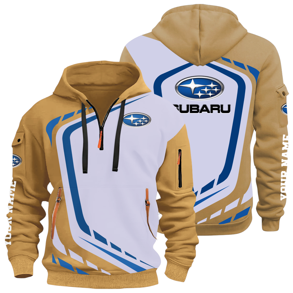 Subaru Half Zip Hoodie All Over Prints Multi-Pockets Custom Name Subaru Half Zip Hoodie All Over Prints Multi-Pockets Custom Name