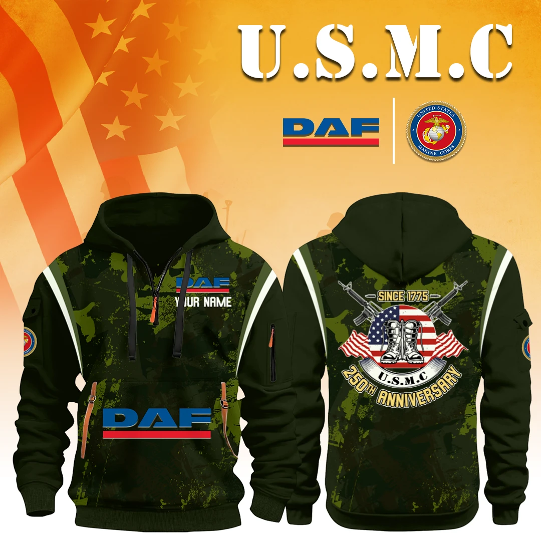 DAF Trucks x USMC 250th Anniversary 3D Half Zip Hoodie Custom Your Name DAF Trucks x USMC 250th Anniversary 3D Half Zip Hoodie Custom Your Name