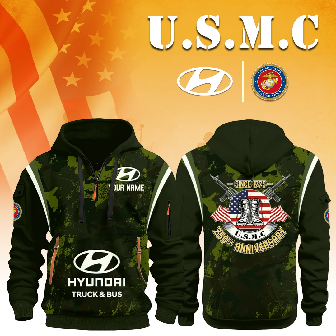 Hyundai Truck x USMC 250th Anniversary 3D Half Zip Hoodie Custom Your Name Hyundai Truck x USMC 250th Anniversary 3D Half Zip Hoodie Custom Your Name
