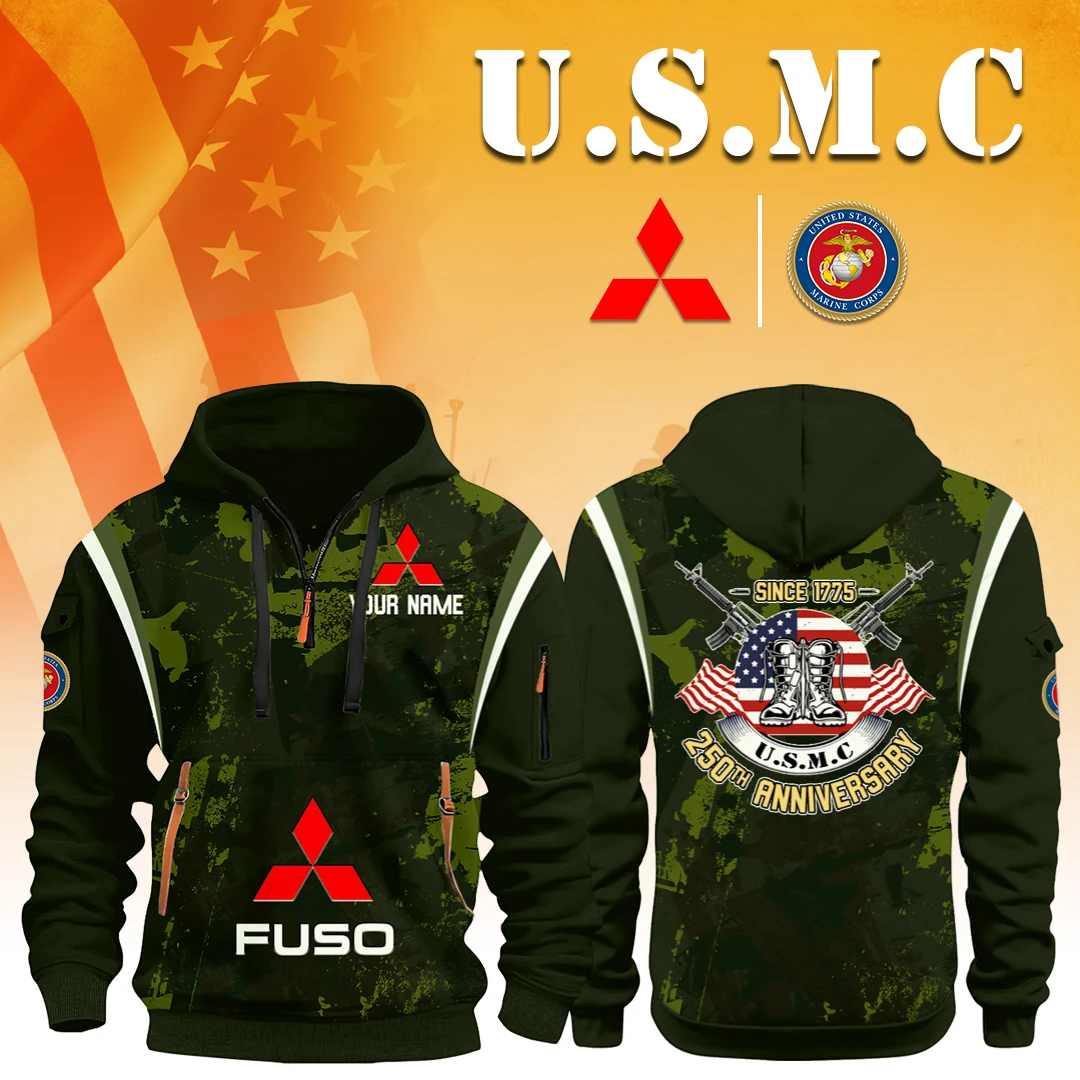 Mitsubishi Fuso x USMC 250th Anniversary 3D Half Zip Hoodie Custom Your Name Mitsubishi Fuso x USMC 250th Anniversary 3D Half Zip Hoodie Custom Your Name