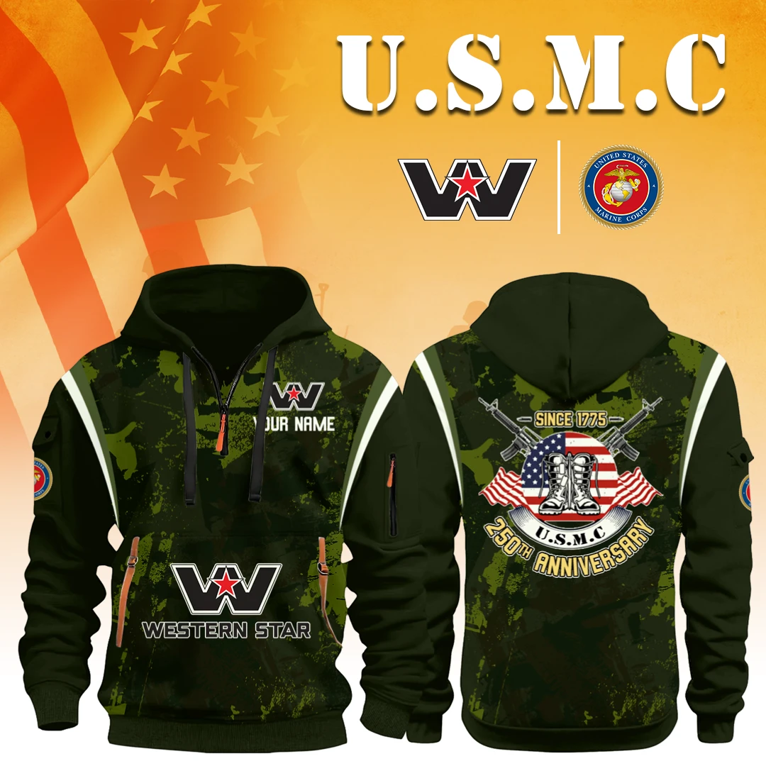 Western Star Trucks x USMC 250th Anniversary 3D Half Zip Hoodie Custom Your Name Western Star Trucks x USMC 250th Anniversary 3D Half Zip Hoodie Custom Your Name