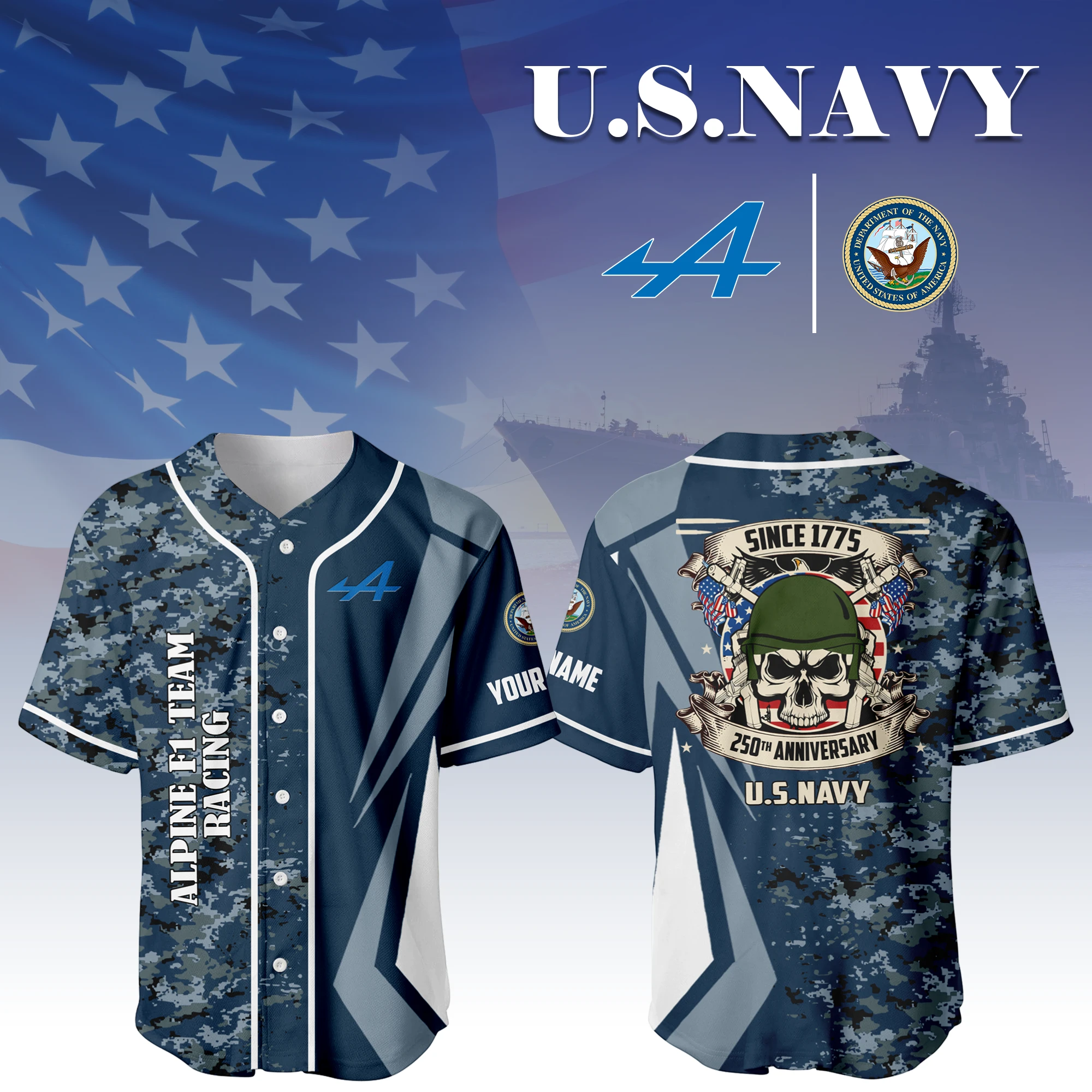Alpine F1 Team Racing x US Navy 250th Anniversary 3D Baseball Jersey Custom Your Name Alpine F1 Team Racing x US Navy 250th Anniversary 3D Baseball Jersey Custom Your Name