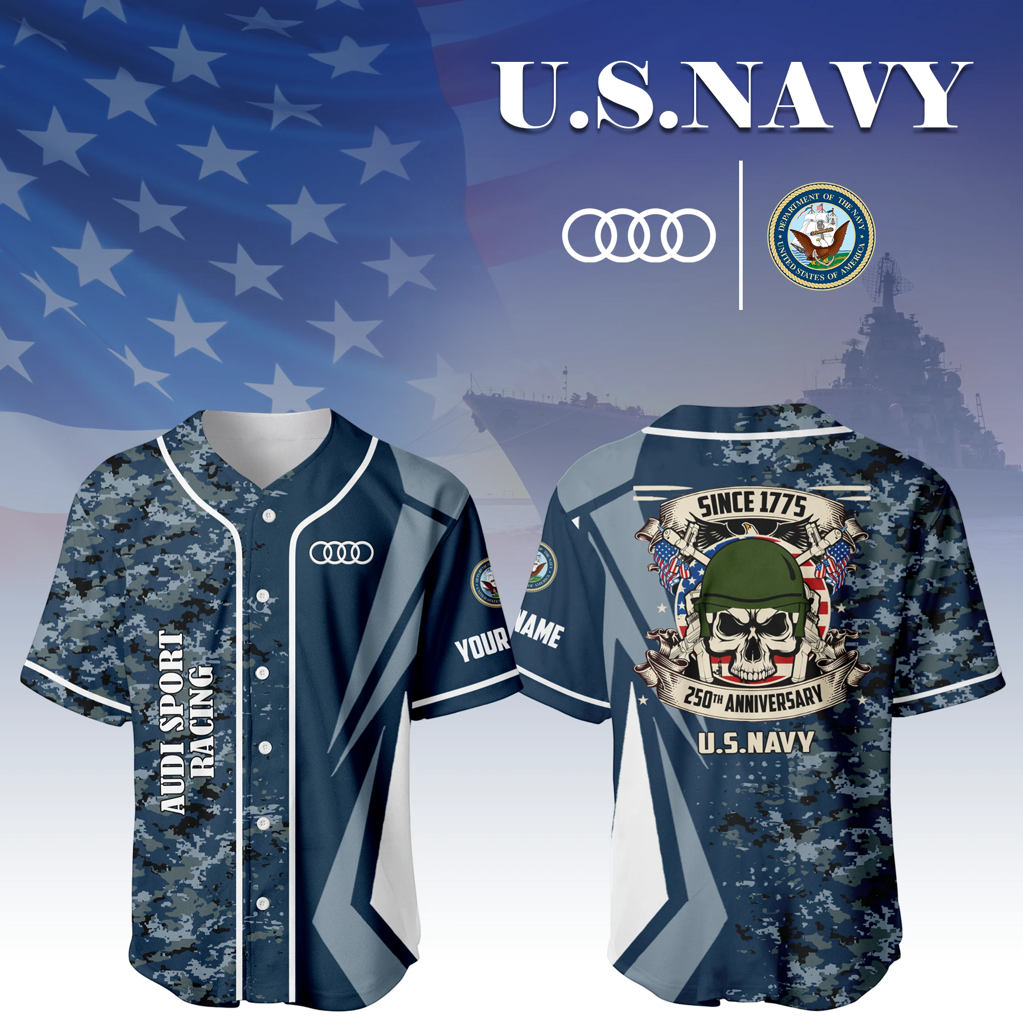 Audi Sport Racing x US Navy 250th Anniversary 3D Baseball Jersey Custom Your Name Audi Sport Racing x US Navy 250th Anniversary 3D Baseball Jersey Custom Your Name