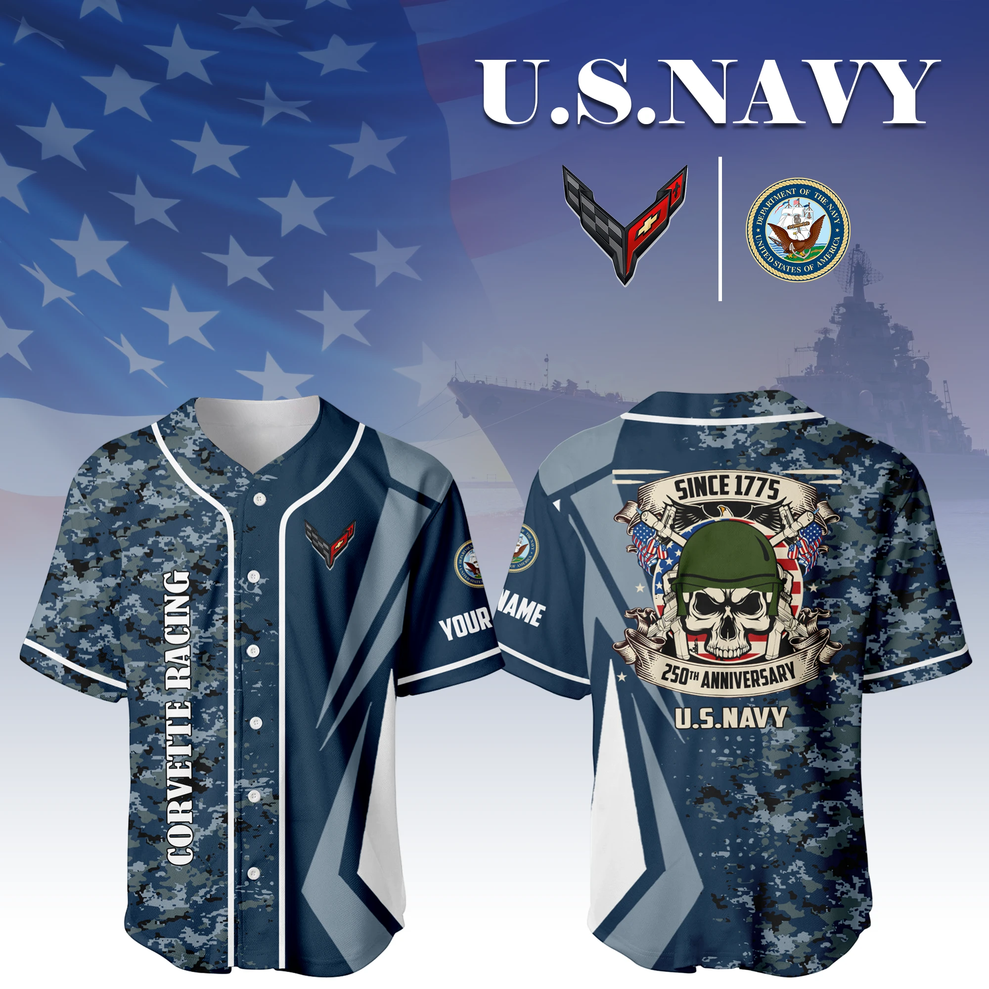 Corvette Racing x US Navy 250th Anniversary 3D Baseball Jersey Custom Your Name Corvette Racing x US Navy 250th Anniversary 3D Baseball Jersey Custom Your Name