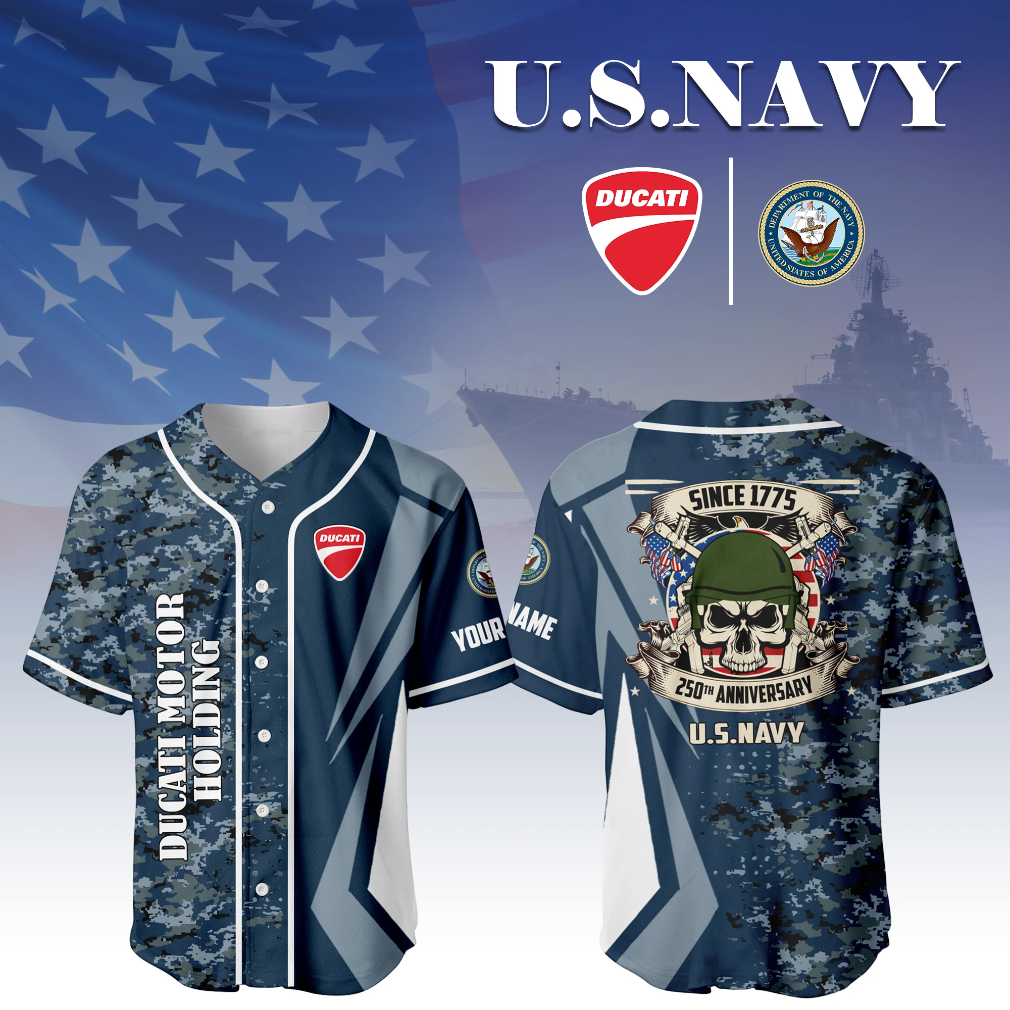 Ducati Motor Holding x US Navy 250th Anniversary 3D Baseball Jersey Custom Your Name Ducati Motor Holding x US Navy 250th Anniversary 3D Baseball Jersey Custom Your Name