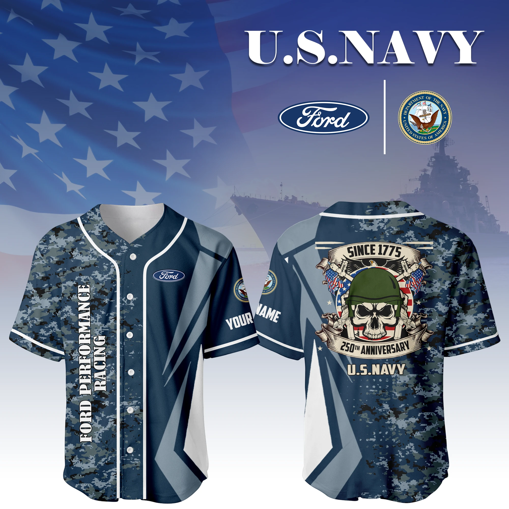 Ford Performance Racing x US Navy 250th Anniversary 3D Baseball Jersey Custom Your Name Ford Performance Racing x US Navy 250th Anniversary 3D Baseball Jersey Custom Your Name