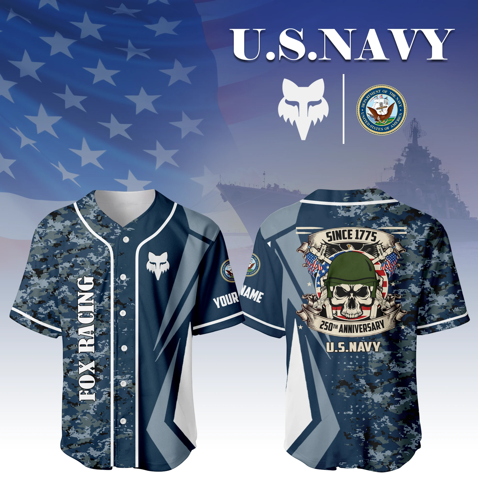 Fox Racing x US Navy 250th Anniversary 3D Baseball Jersey Custom Your Name Fox Racing x US Navy 250th Anniversary 3D Baseball Jersey Custom Your Name