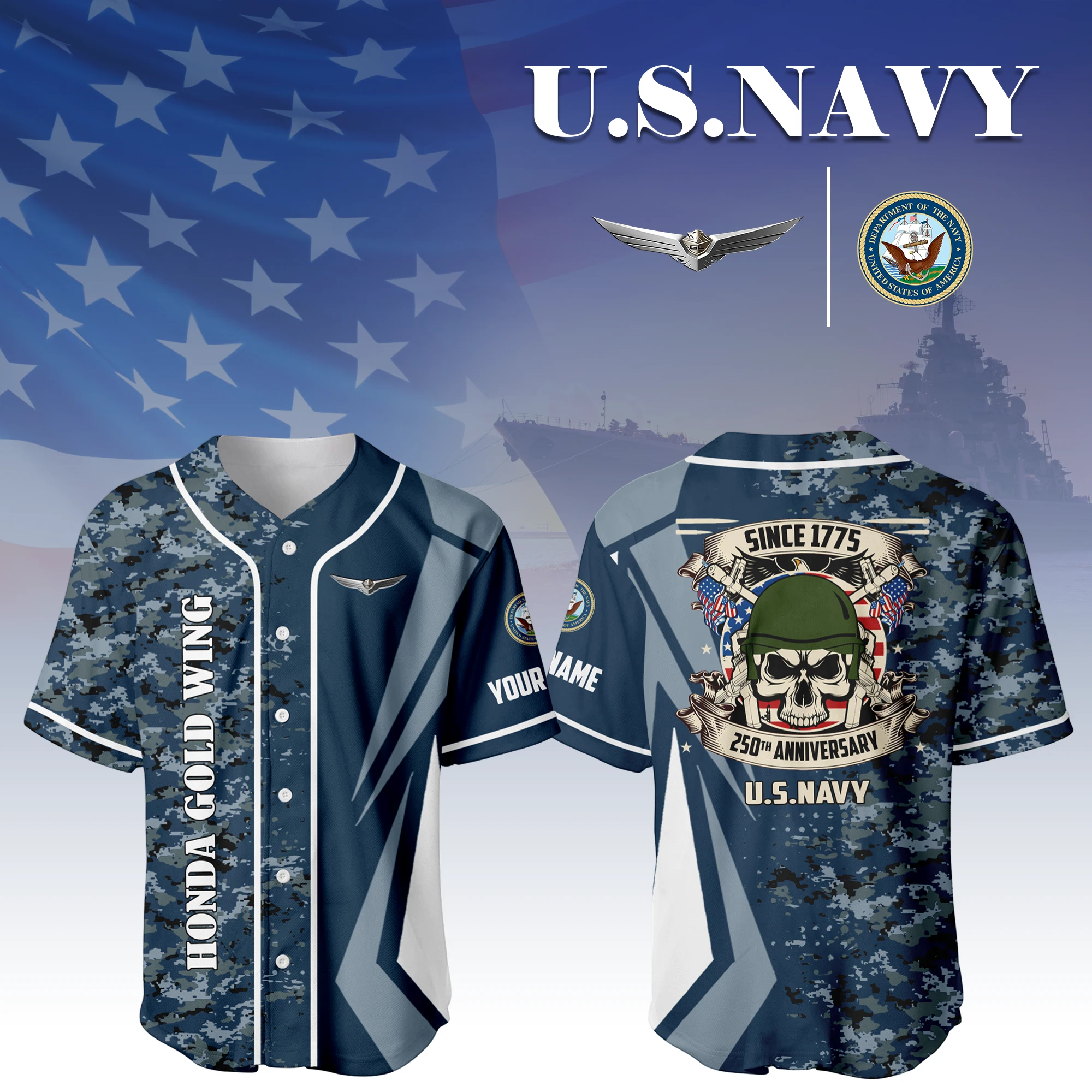 Honda Gold Wing x US Navy 250th Anniversary 3D Baseball Jersey Custom Your Name Honda Gold Wing x US Navy 250th Anniversary 3D Baseball Jersey Custom Your Name
