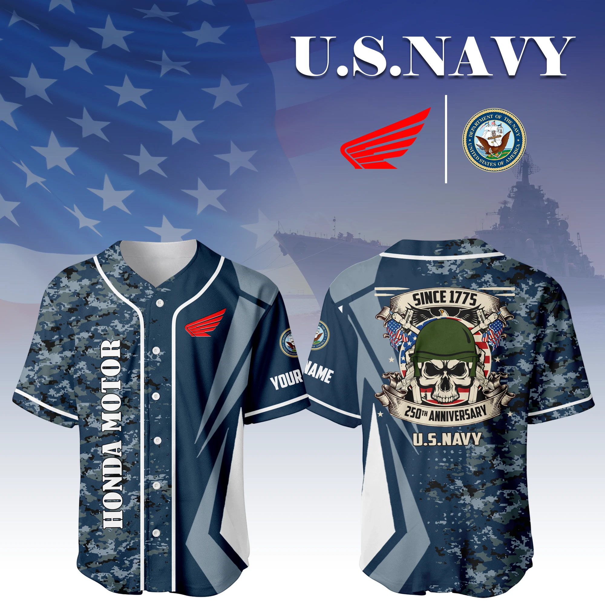Honda Motor x US Navy 250th Anniversary 3D Baseball Jersey Custom Your Name Honda Motor x US Navy 250th Anniversary 3D Baseball Jersey Custom Your Name