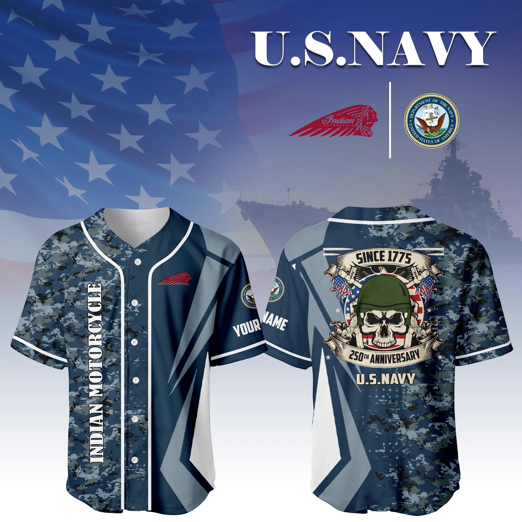 Indian Motorcycle x US Navy 250th Anniversary 3D Baseball Jersey Custom Your Name Indian Motorcycle x US Navy 250th Anniversary 3D Baseball Jersey Custom Your Name