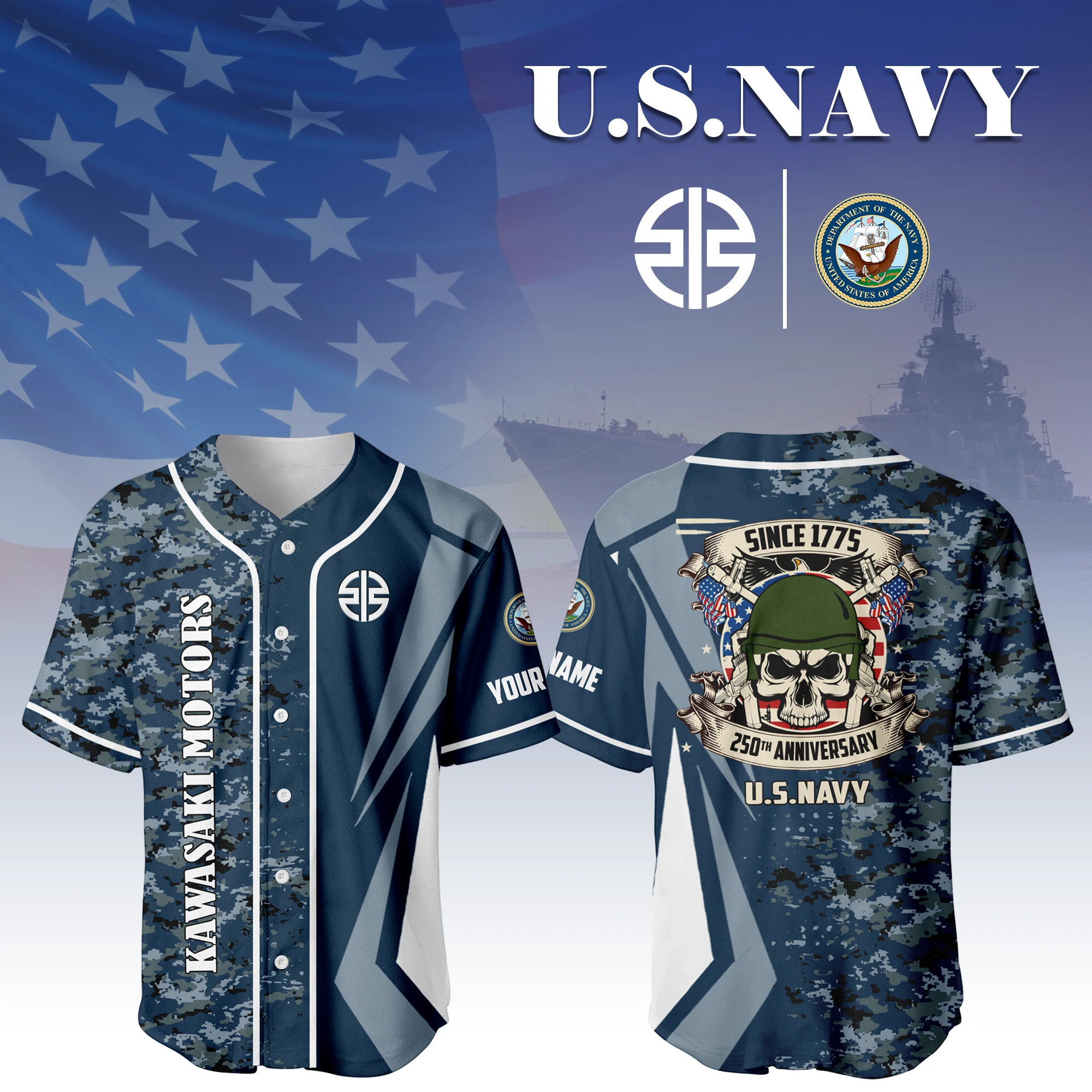 Kawasaki Motors x US Navy 250th Anniversary 3D Baseball Jersey Custom Your Name Kawasaki Motors x US Navy 250th Anniversary 3D Baseball Jersey Custom Your Name