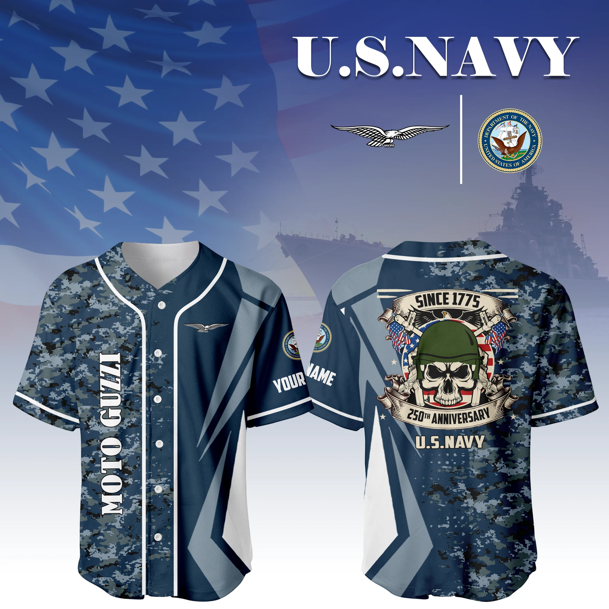 Moto Guzzi x US Navy 250th Anniversary 3D Baseball Jersey Custom Your Name Moto Guzzi x US Navy 250th Anniversary 3D Baseball Jersey Custom Your Name