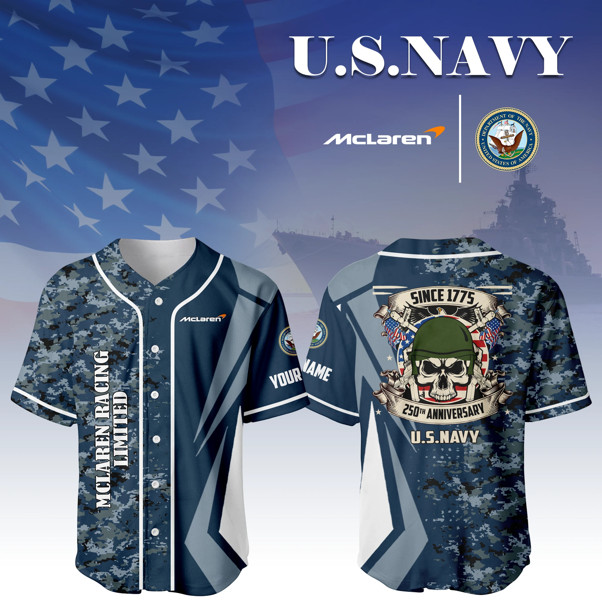 McLaren Racing Limited x US Navy 250th Anniversary 3D Baseball Jersey Custom Your Name McLaren Racing Limited x US Navy 250th Anniversary 3D Baseball Jersey Custom Your Name
