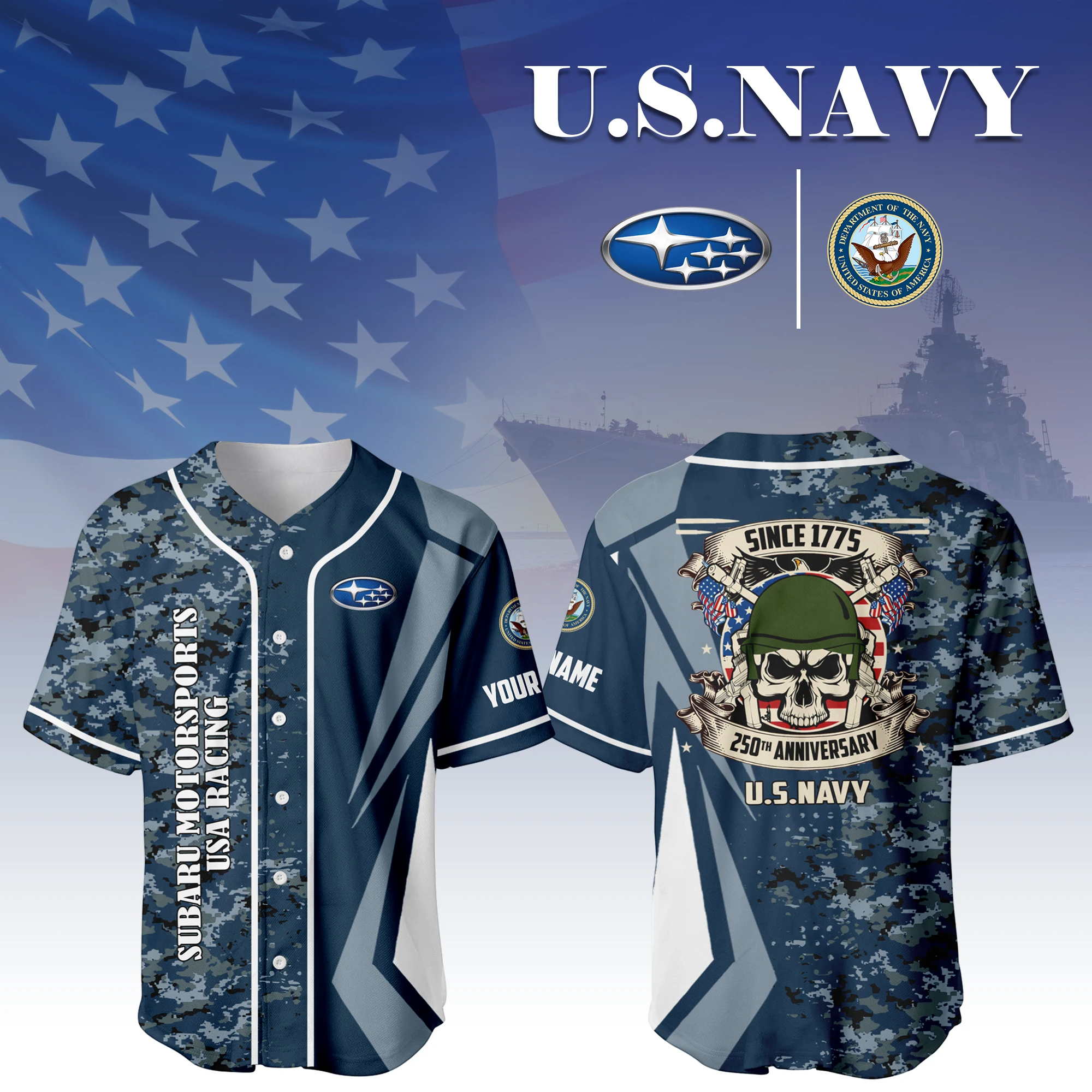 Subaru Motorsports USA Racing x US Navy 250th Anniversary 3D Baseball Jersey Custom Your Name Subaru Motorsports USA Racing x US Navy 250th Anniversary 3D Baseball Jersey Custom Your Name