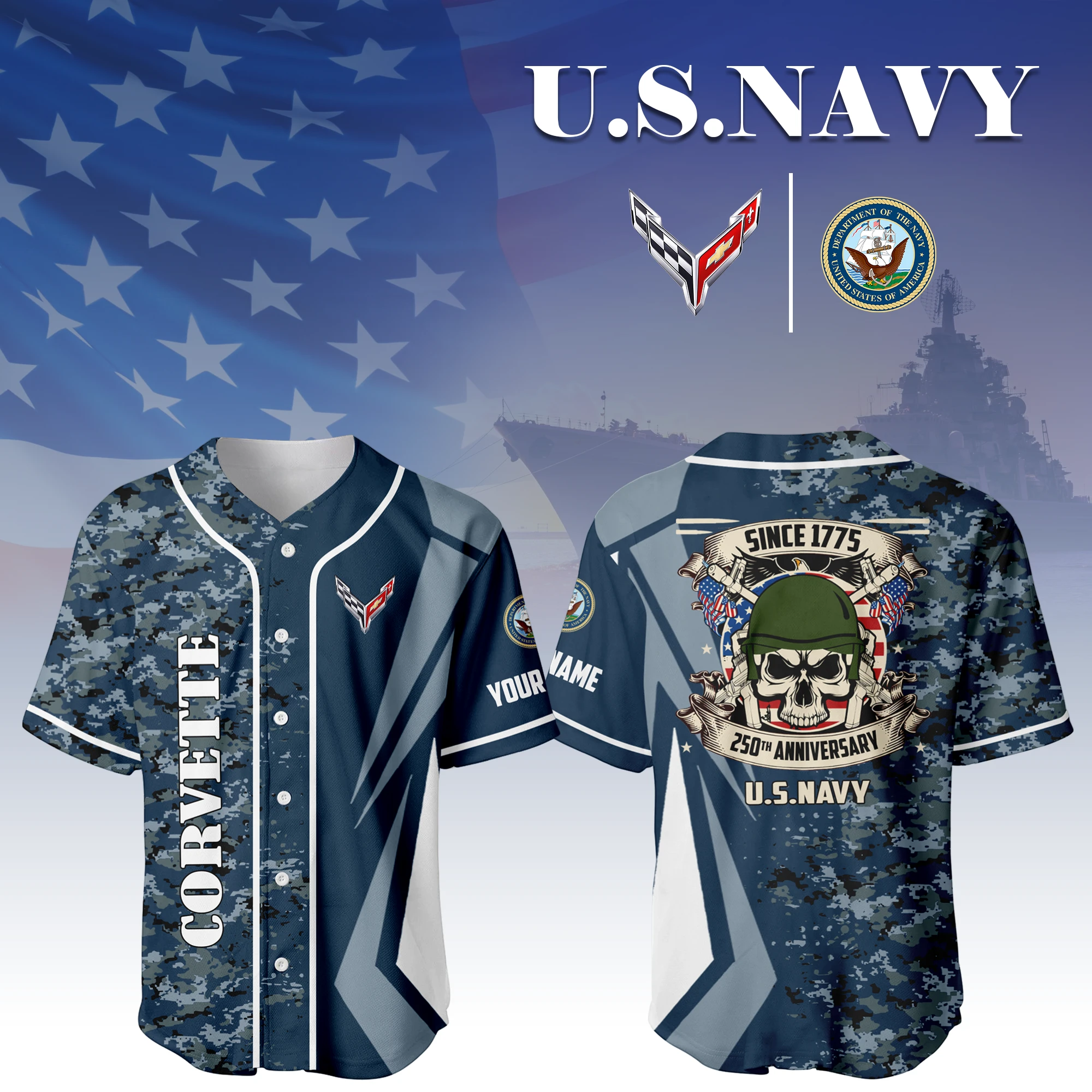 Corvette x US Navy 250th Anniversary 3D Baseball Jersey Custom Your Name Corvette x US Navy 250th Anniversary 3D Baseball Jersey Custom Your Name
