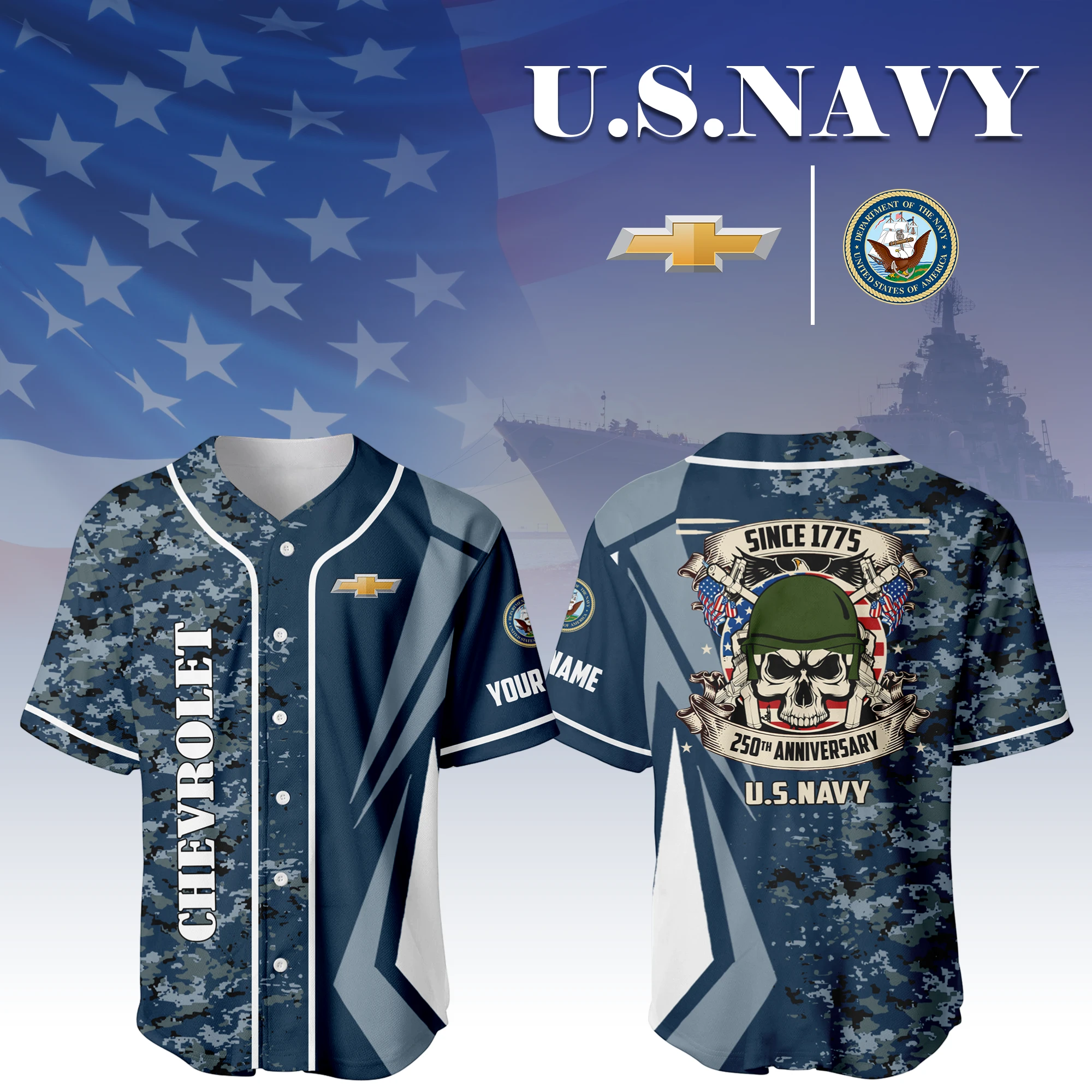Chevrolet x US Navy 250th Anniversary 3D Baseball Jersey Custom Your Name Chevrolet x US Navy 250th Anniversary 3D Baseball Jersey Custom Your Name