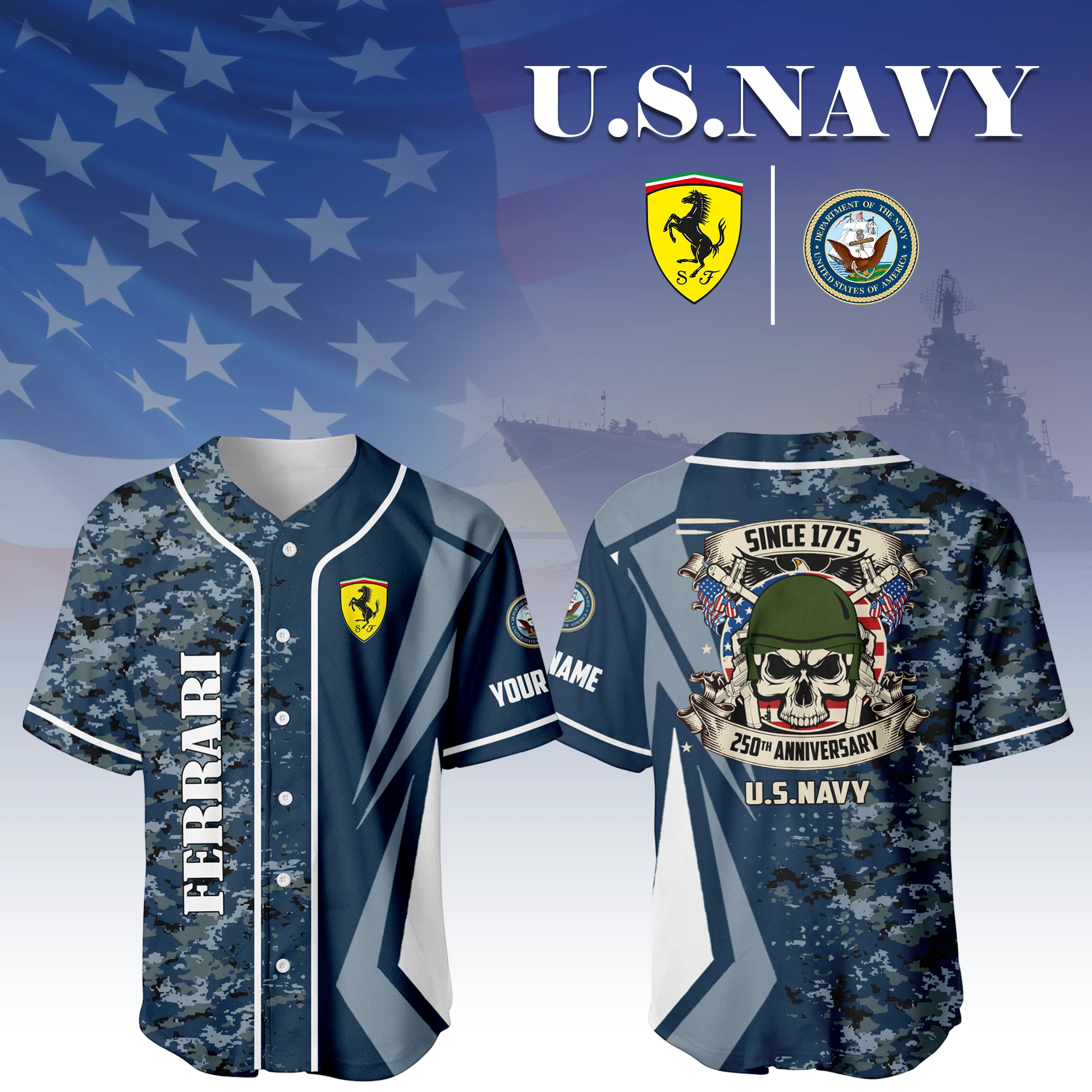 Ferrari x US Navy 250th Anniversary 3D Baseball Jersey Custom Your Name Ferrari x US Navy 250th Anniversary 3D Baseball Jersey Custom Your Name