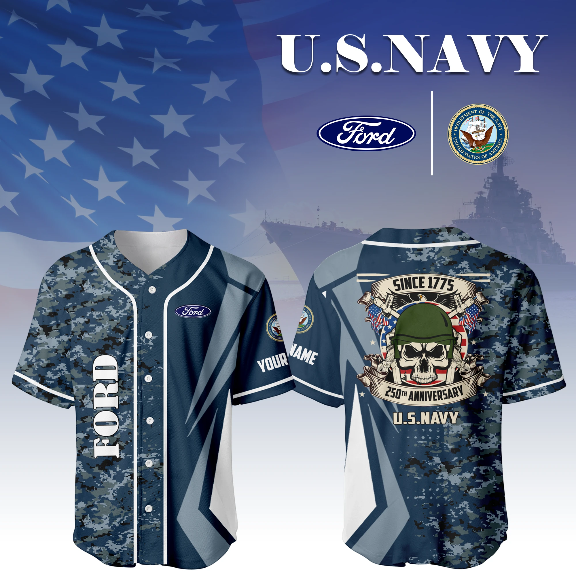 Ford x US Navy 250th Anniversary 3D Baseball Jersey Custom Your Name Ford x US Navy 250th Anniversary 3D Baseball Jersey Custom Your Name