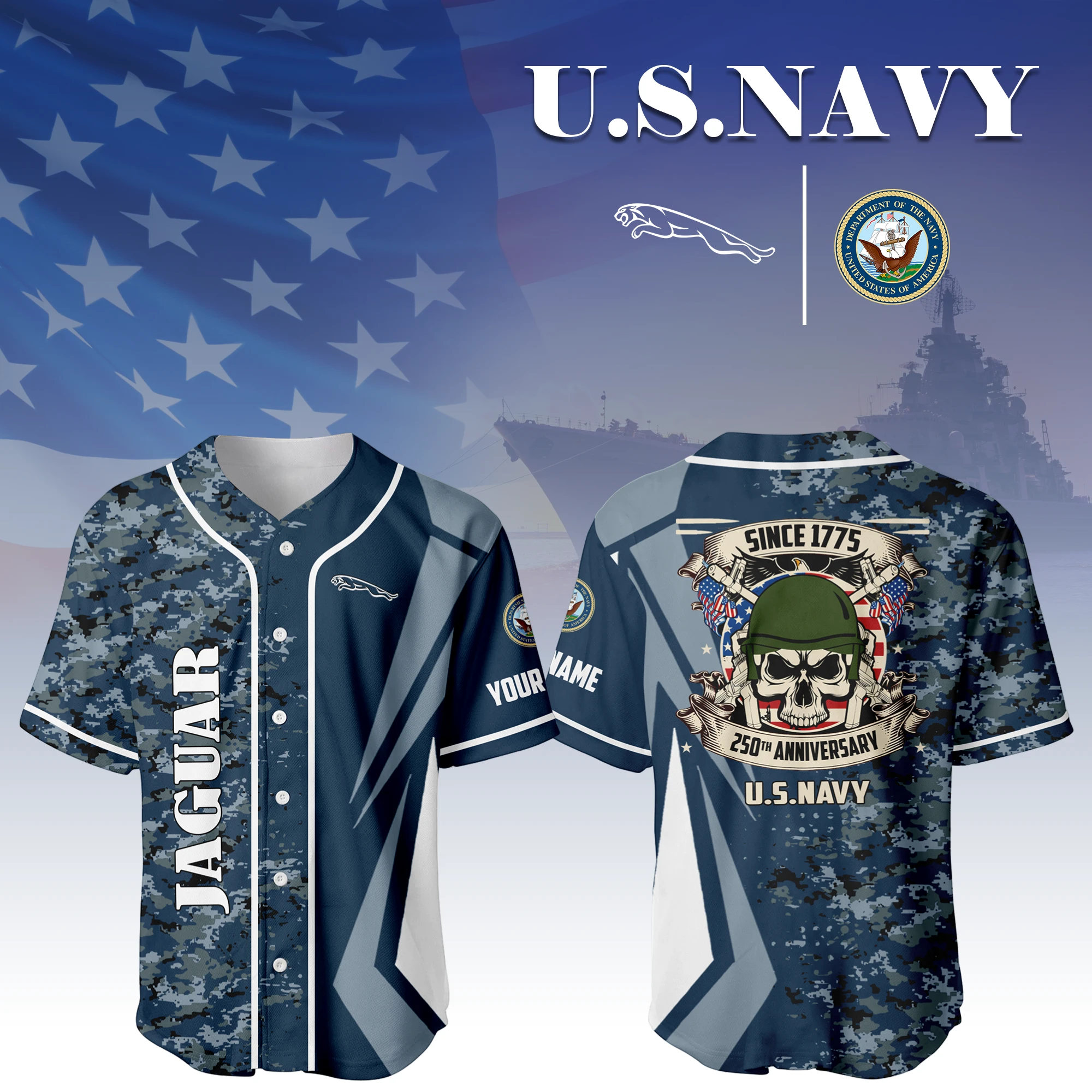 Jaguar x US Navy 250th Anniversary 3D Baseball Jersey Custom Your Name Jaguar x US Navy 250th Anniversary 3D Baseball Jersey Custom Your Name