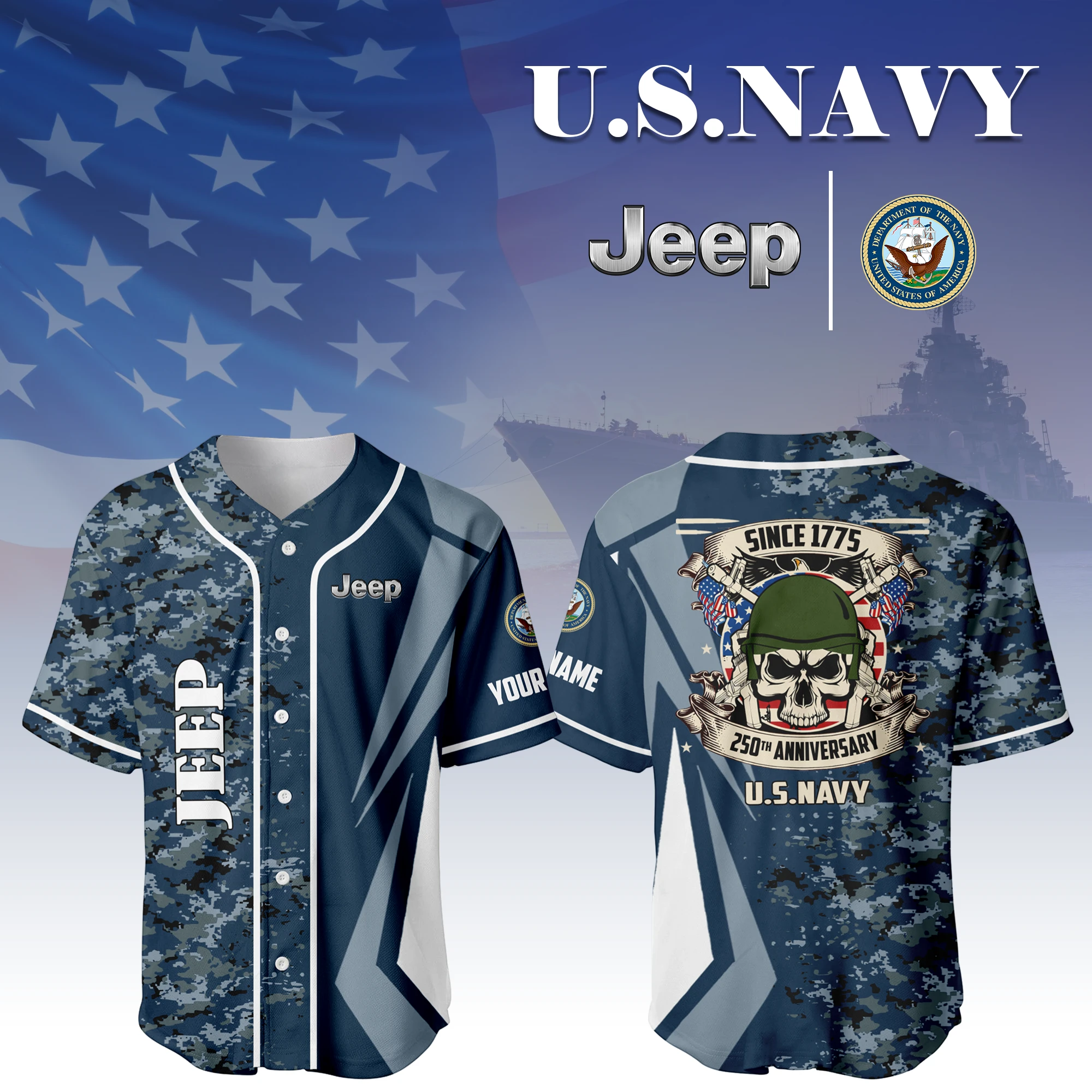 Jeep x US Navy 250th Anniversary 3D Baseball Jersey Custom Your Name Jeep x US Navy 250th Anniversary 3D Baseball Jersey Custom Your Name