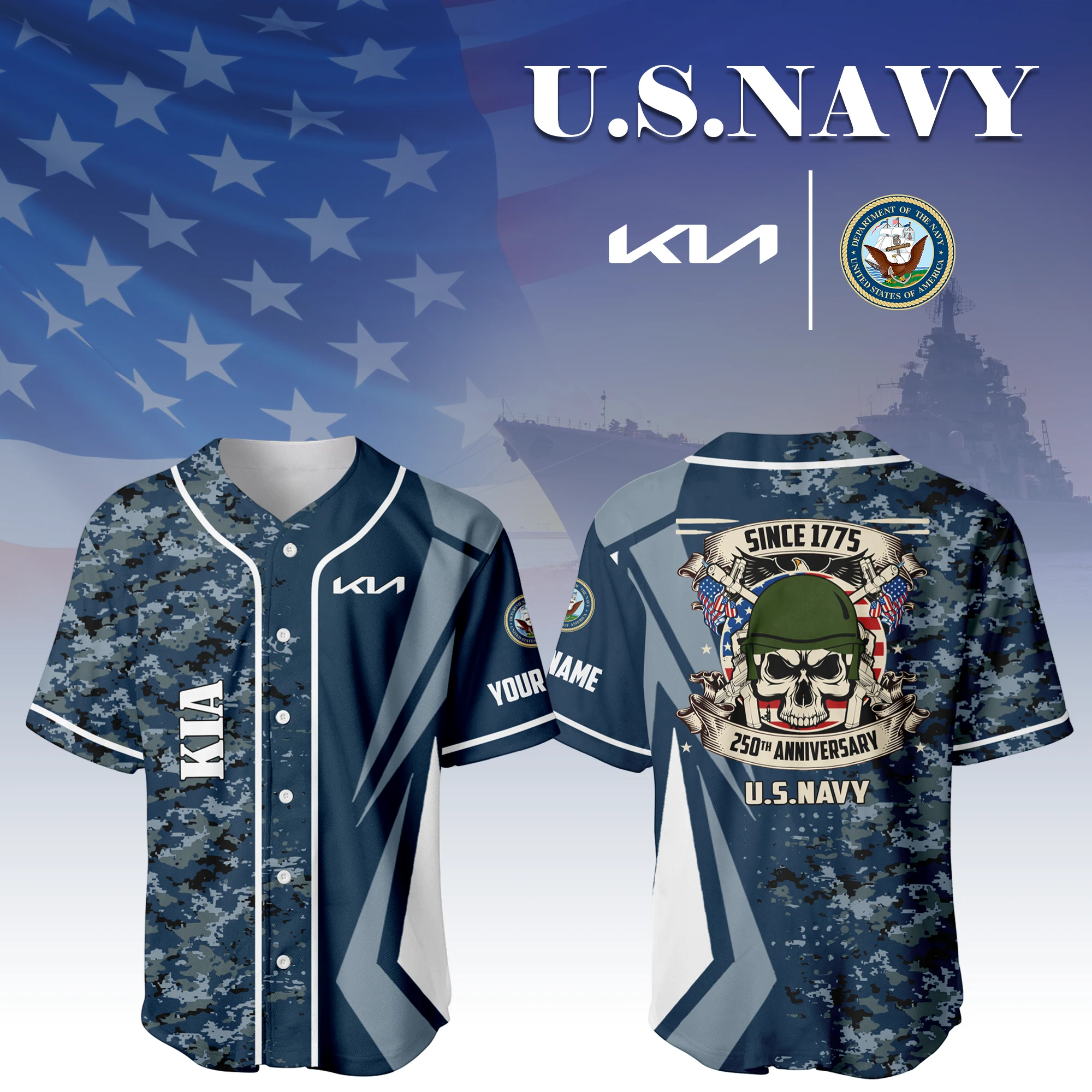 KIA x US Navy 250th Anniversary 3D Baseball Jersey Custom Your Name KIA x US Navy 250th Anniversary 3D Baseball Jersey Custom Your Name