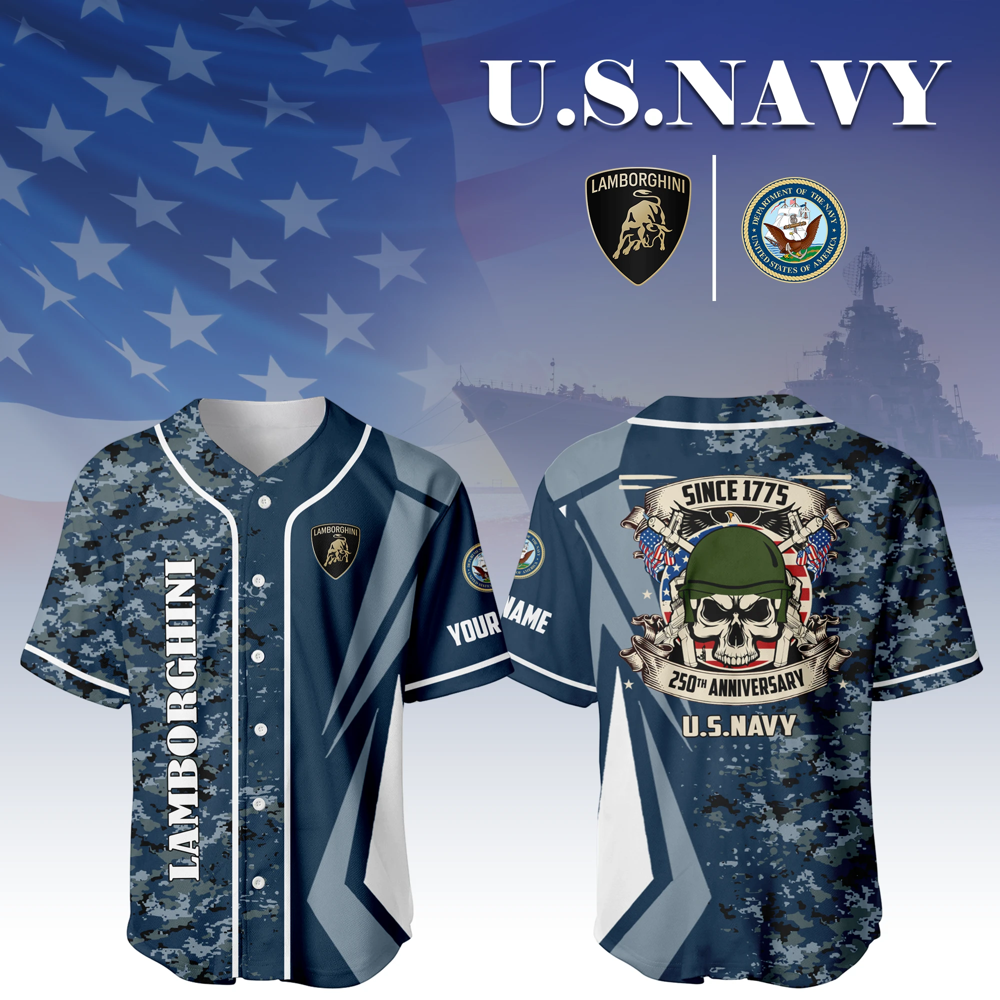 Lamborghini x US Navy 250th Anniversary 3D Baseball Jersey Custom Your Name Lamborghini x US Navy 250th Anniversary 3D Baseball Jersey Custom Your Name