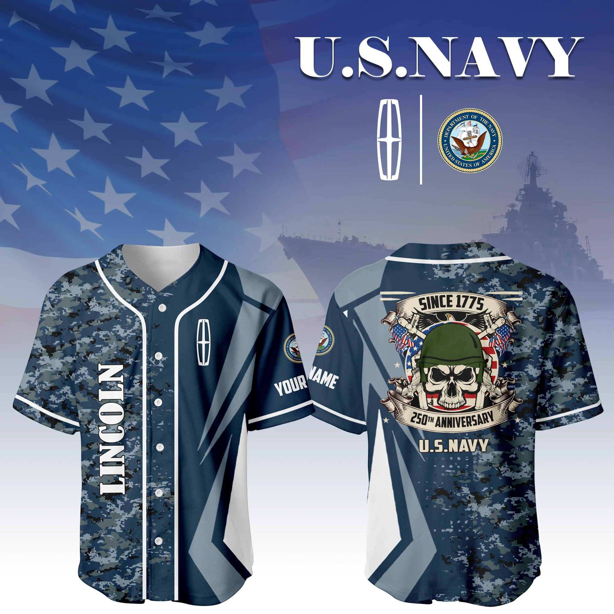 Lincoln x US Navy 250th Anniversary 3D Baseball Jersey Custom Your Name Lincoln x US Navy 250th Anniversary 3D Baseball Jersey Custom Your Name