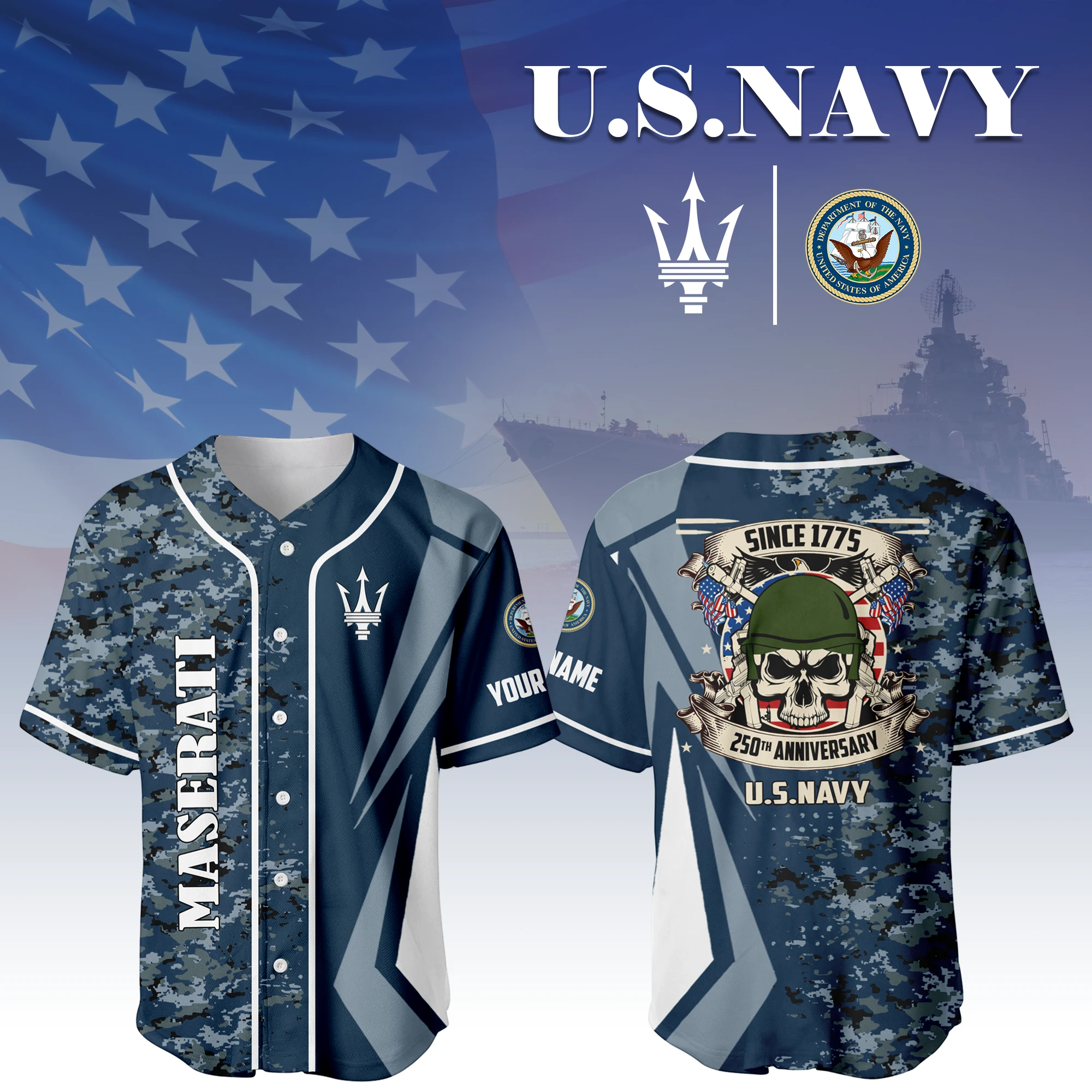 Maserati x US Navy 250th Anniversary 3D Baseball Jersey Custom Your Name Maserati x US Navy 250th Anniversary 3D Baseball Jersey Custom Your Name