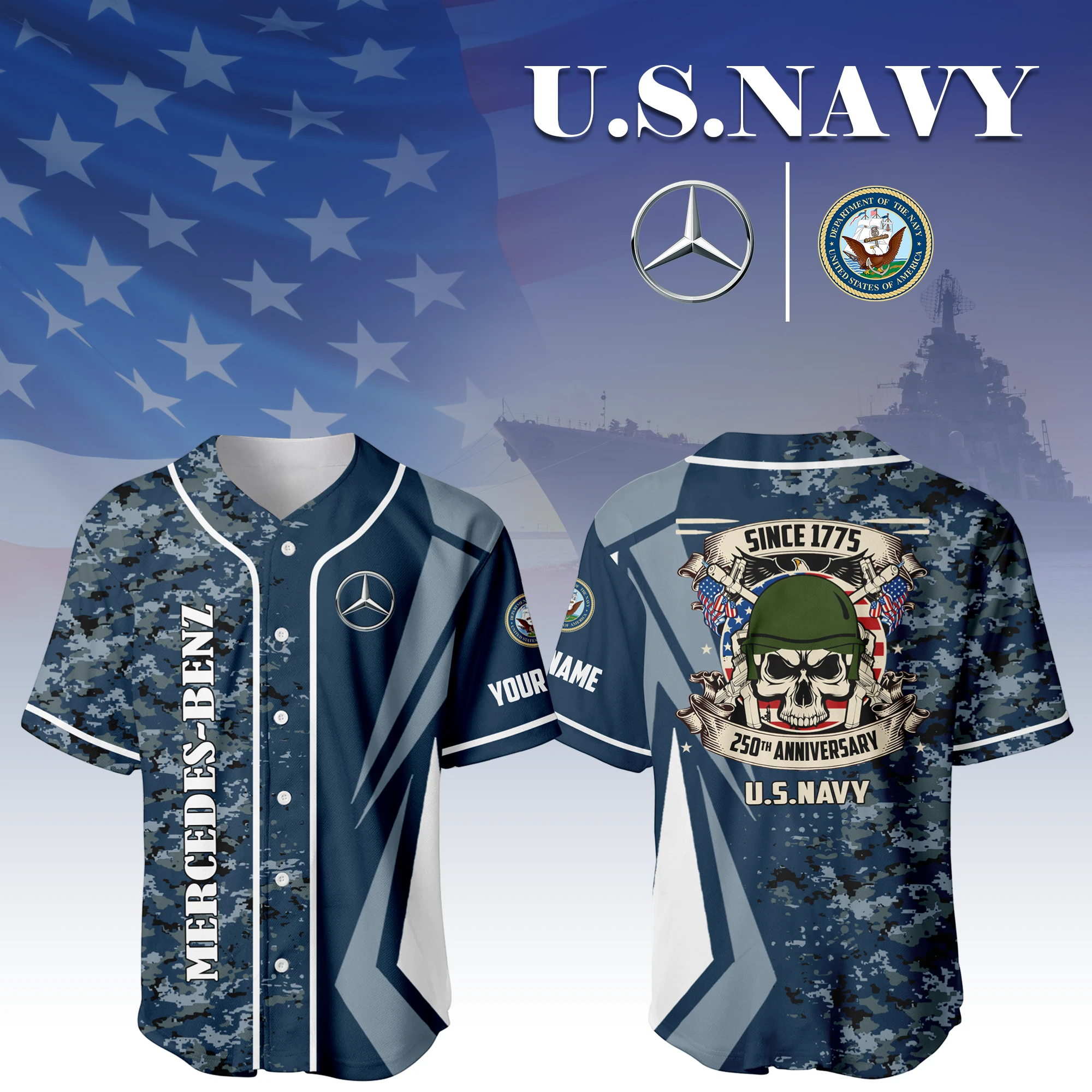 Mercedes-Benz x US Navy 250th Anniversary 3D Baseball Jersey Custom Your Name Mercedes-Benz x US Navy 250th Anniversary 3D Baseball Jersey Custom Your Name