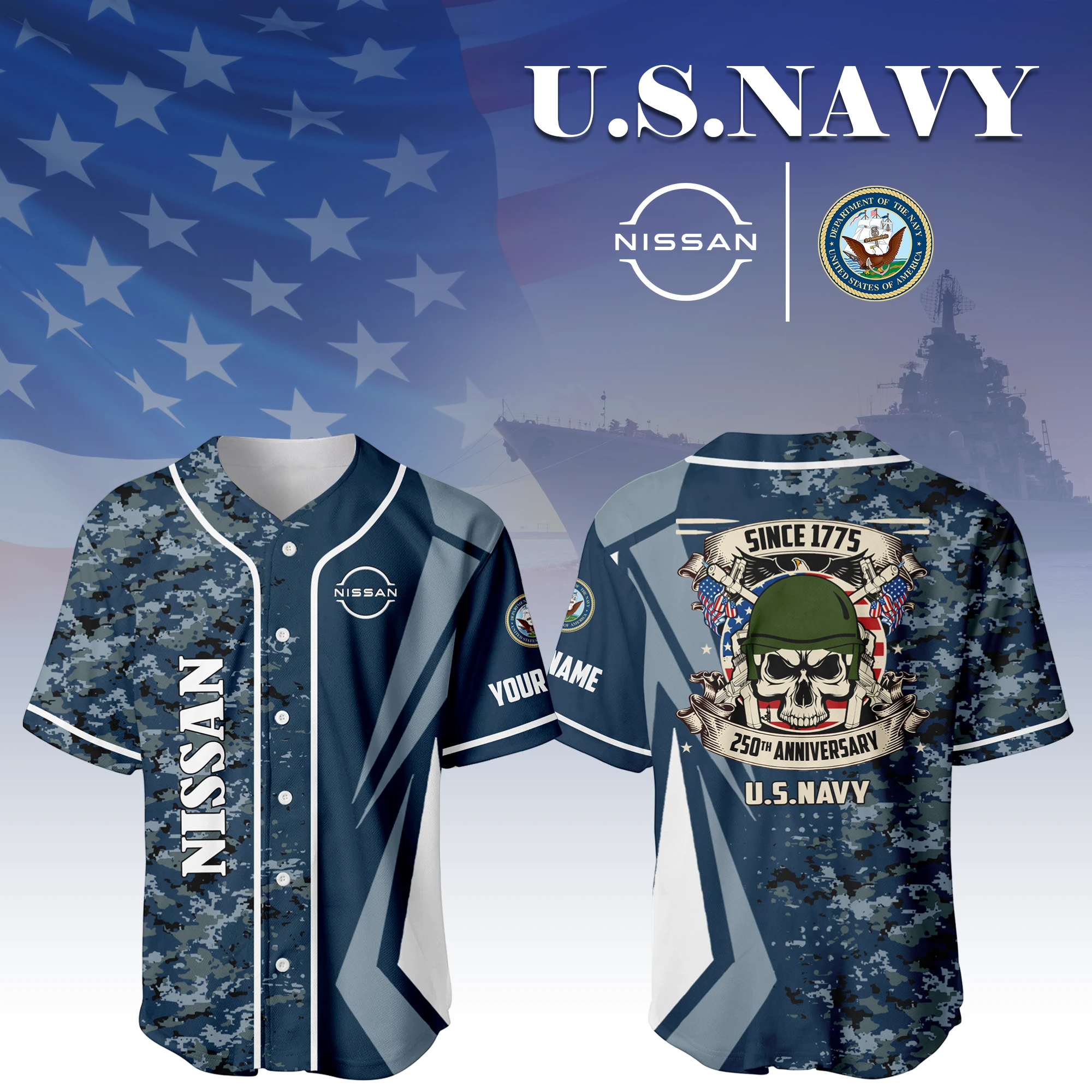 Nissan x US Navy 250th Anniversary 3D Baseball Jersey Custom Your Name Nissan x US Navy 250th Anniversary 3D Baseball Jersey Custom Your Name