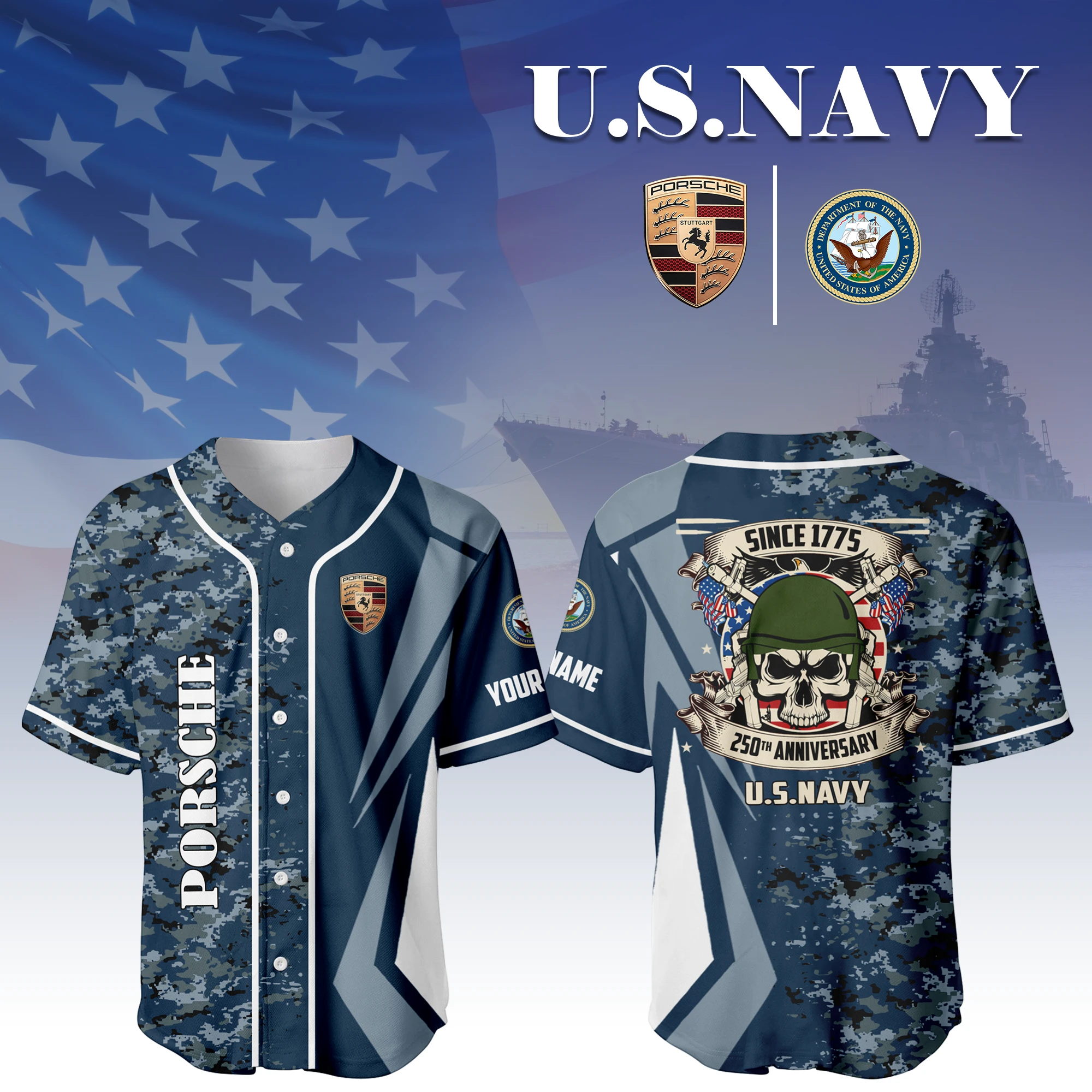 Porsche x US Navy 250th Anniversary 3D Baseball Jersey Custom Your Name Porsche x US Navy 250th Anniversary 3D Baseball Jersey Custom Your Name