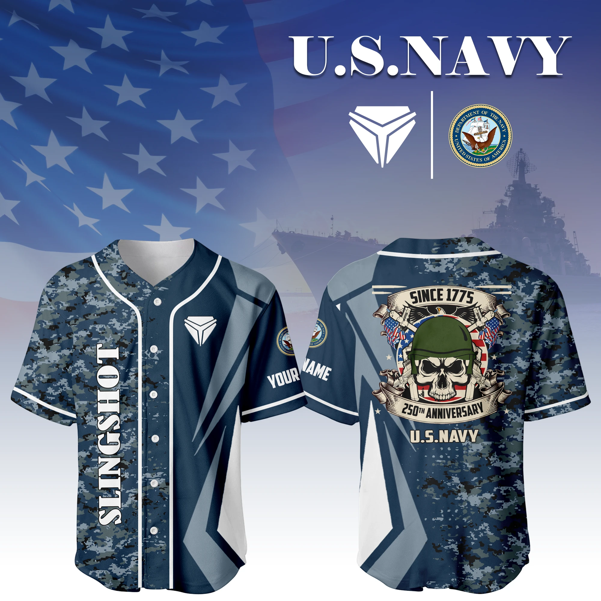 Slingshot x US Navy 250th Anniversary 3D Baseball Jersey Custom Your Name Slingshot x US Navy 250th Anniversary 3D Baseball Jersey Custom Your Name